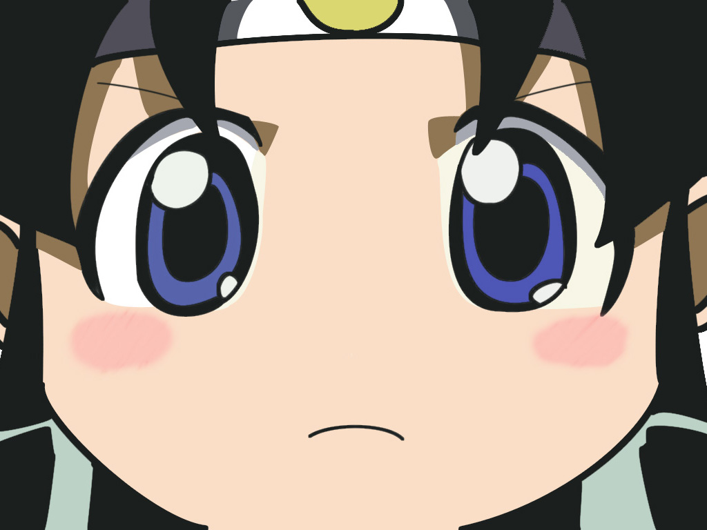 ishikawa hideki, shinobu (ninin ga shinobuden), ninin ga shinobuden, derivative work, vector trace, 00s, 1girl, black hair, blue eyes, blush stickers, female focus, hairband, headband, ninja, simple background, solo