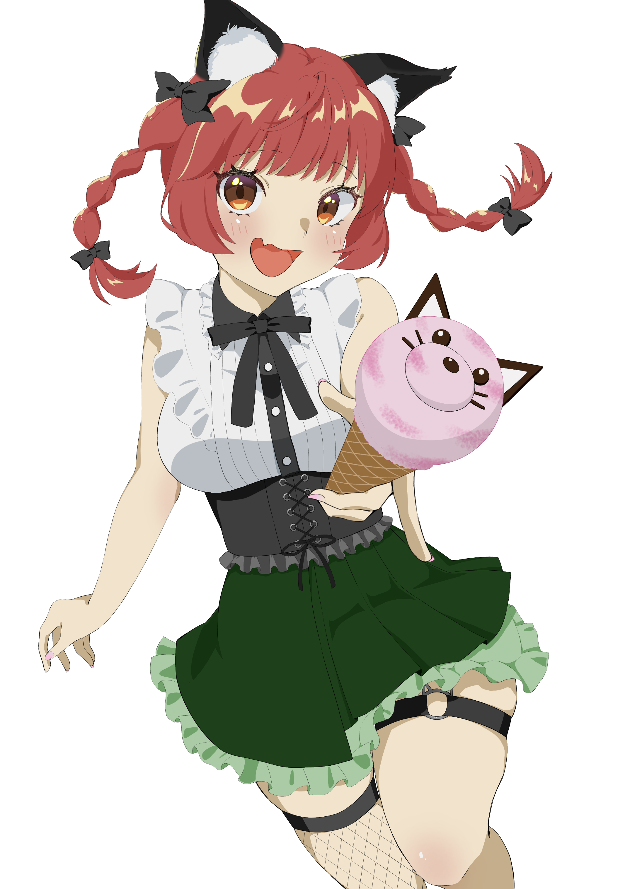 konkuri251, kaenbyou rin, touhou, absurdres, commentary request, highres, 1girl, alternate costume, animal ears, blush, braid, breasts, cat ears, cat girl, fang, fishnet thighhighs, fishnets, food, frilled skirt, frills, green skirt, holding, holding food, ice cream cone, large breasts, looking at viewer, open mouth, red eyes, red hair, short hair, side braids, simple background, single thighhigh, skin fang, skirt, solo, thighhighs, twin braids, white background