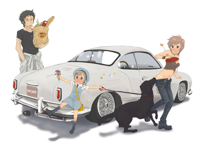 muraji, volkswagen, 1boy, 2girls, car, cigarette, clothes pull, dog, flower, groceries, karmann ghia, left-hand drive, motor vehicle, multiple girls, panties, pants, pants pull, pivotpoint, pulling another's clothes, school uniform, serafuku, sunglasses, thong, underwear, vehicle focus