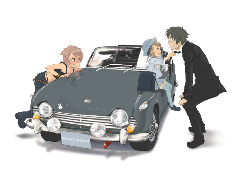 muraji, triumph, 1boy, 2girls, adjusting clothes, adjusting necktie, adjusting tie, angry, bag, bare shoulders, beard, brown eyes, brown hair, car, cigarette, denim, facial hair, family, father and daughter, formal clothes, glasses, hat, jeans, left-hand drive, midriff, motor vehicle, multiple girls, necktie, on car, panties, pants, pivotpoint, scratches, short hair, sitting, skirt, suit, tank top, thighhighs, thong, triumph tr4, underwear, vehicle focus, zettai ryouiki