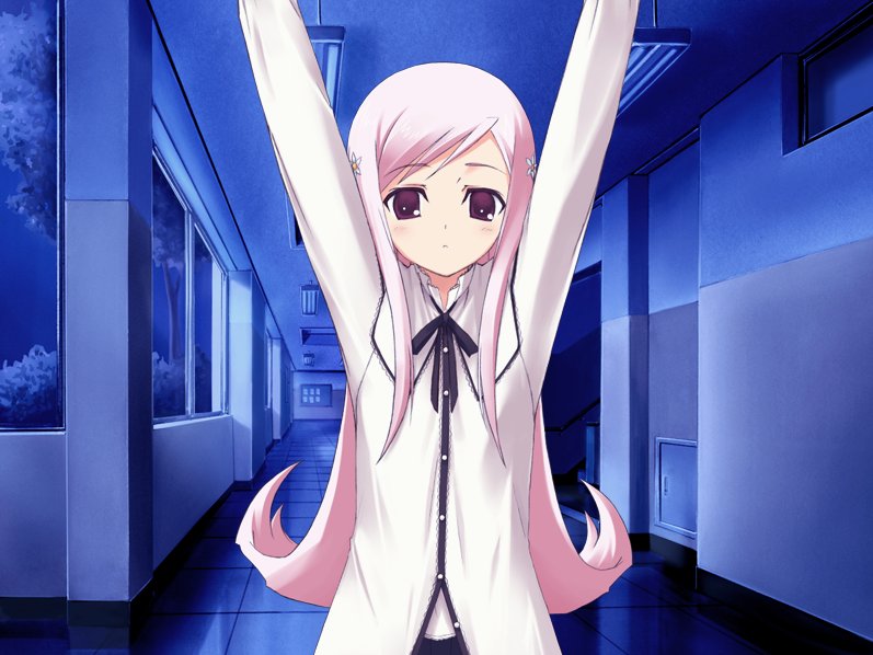 kawata hisashi, lucy maria misora, to heart (series), to heart 2, lights, game cg, 00s, 1girl, arms up, black ribbon, blush, breasts, bush, buttons, ceiling, closed mouth, dark, expressionless, female focus, flipped hair, hair ornament, hairclip, indoors, long hair, long sleeves, looking at viewer, neck ribbon, night, night sky, o/, outstretched arms, pink hair, purple eyes, ribbon, shirt, sidelocks, sky, small breasts, solo, standing, swept bangs, tile floor, tiles, tree, turtleneck, upper body, very long hair, white shirt, window