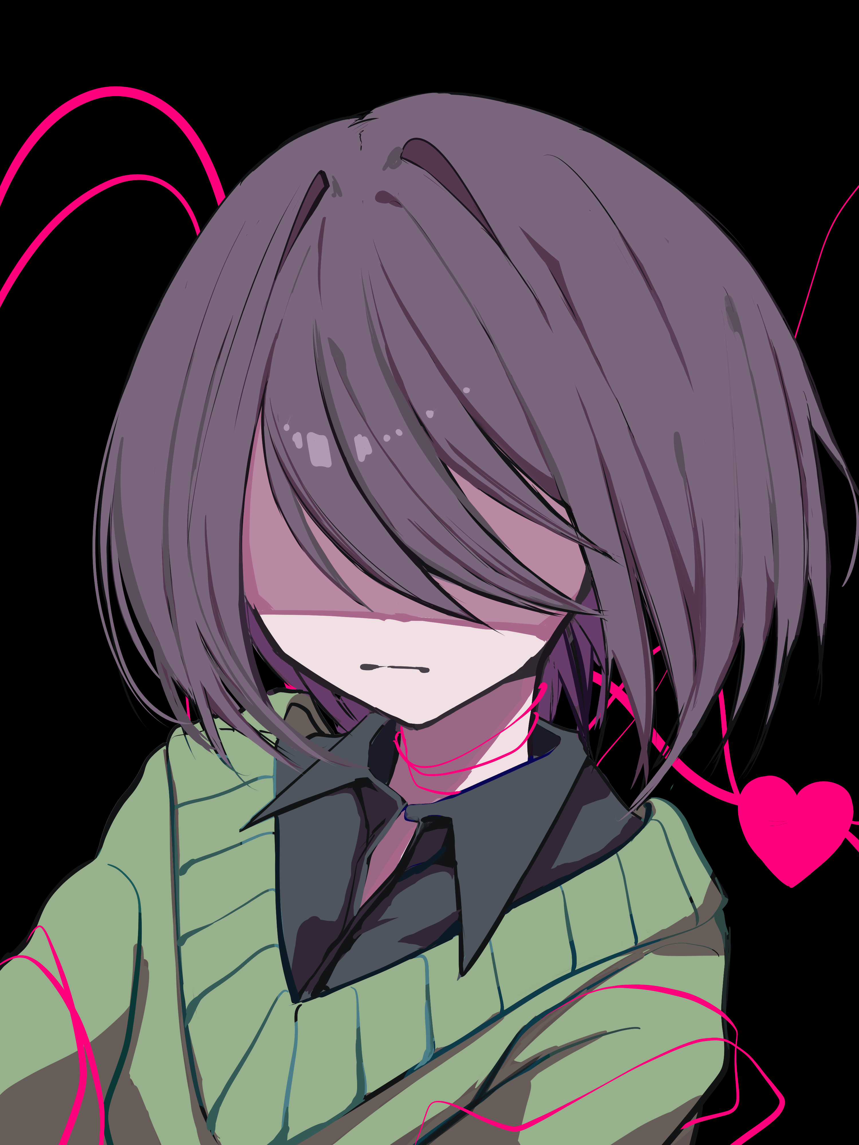 kris (deltarune), soul (deltarune), deltarune, utdr (toby fox), absurdres, commentary request, highres, 1other, black shirt, brown hair, closed mouth, collared shirt, green sweater, heart, other focus, partially shaded face, portrait, raique, shirt, short hair, solo, sweater