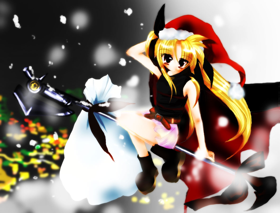 eima hiyou, bardiche (assault form) (nanoha), bardiche (nanoha), fate testarossa, fate testarossa (lightning form), lyrical nanoha, mahou shoujo lyrical nanoha, 00s, 1girl, belt, blonde hair, boots, buckle, cape, christmas, female focus, gauntlets, gloves, hat, long hair, miniskirt, red eyes, santa costume, santa hat, scythe, skirt, snow, snowing, solo, thighhighs, twintails