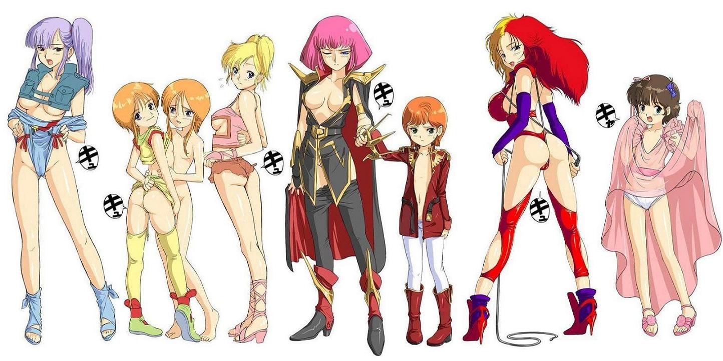 fugetsu taku, chara soon, elle vianno, elpeo puru, haman karn, leina ashta, mineva lao zabi, puru two, roux louka, gundam, gundam zz, jpeg artifacts, 6+girls, ass, between buttocks, blonde hair, brown hair, epaulettes, loli, long hair, multicolored hair, multiple girls, orange hair, pantyhose, pink hair, ponytail, purple hair, red hair, short hair, side ponytail, split-color hair, white pantyhose