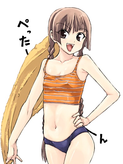 shimazu yoshino, maria-sama ga miteru, 00s, bikini, brown eyes, brown hair, long hair, orange bikini, solo, swimsuit, tankini, towel, twintails