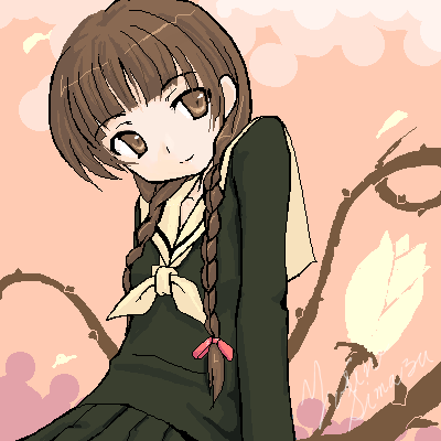 takayaki, shimazu yoshino, maria-sama ga miteru, lowres, 00s, 1girl, braid, brown eyes, brown hair, female focus, flower, hair over shoulder, long hair, oekaki, pleated skirt, rose, school uniform, serafuku, skirt, solo, twin braids, white flower, white rose