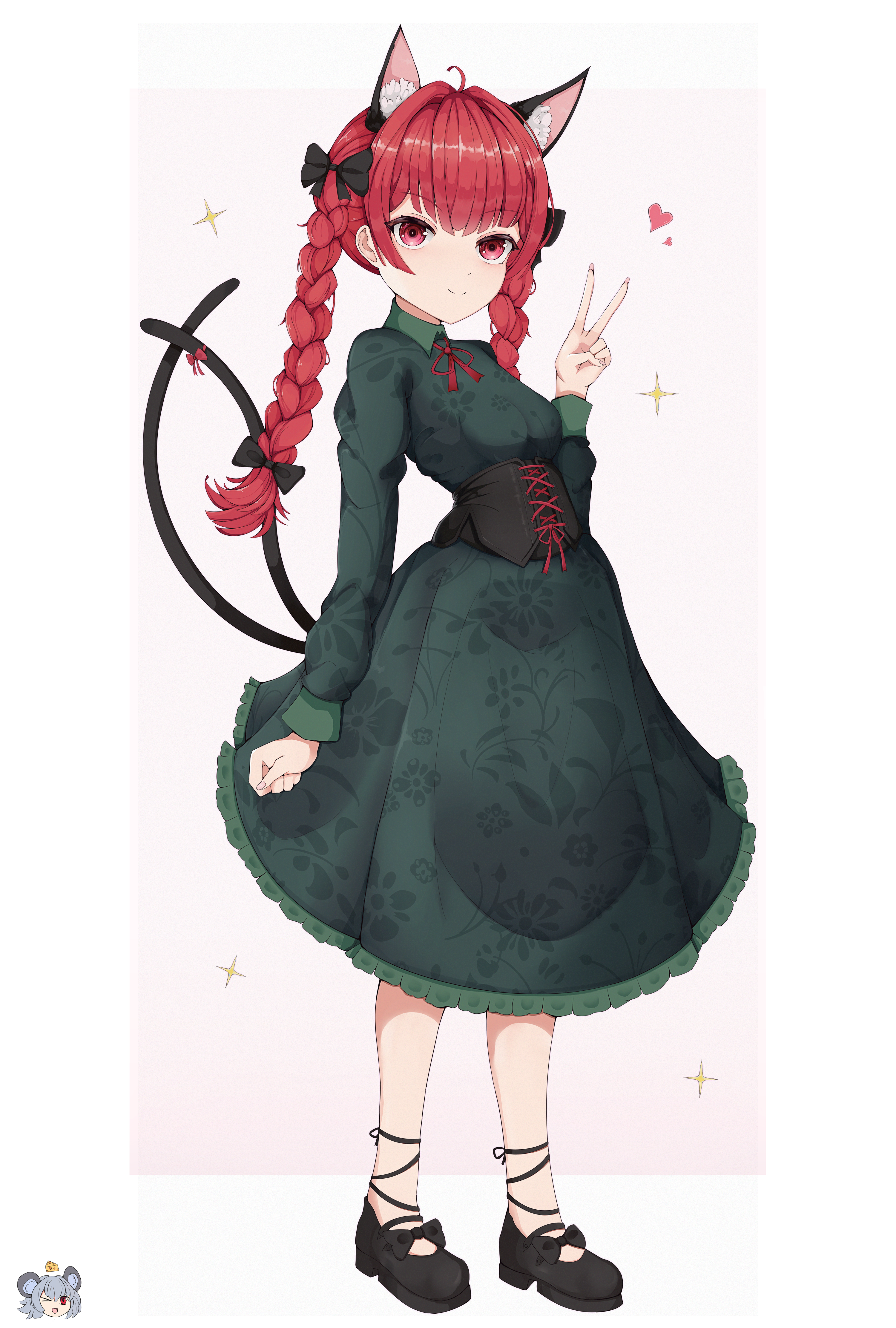 kaenbyou rin, nazrin, touhou, absurdres, highres, 1girl, agapa, black shoes, braid, cat girl, cat tail, closed mouth, dress, extra ears, green dress, heart, long hair, multiple tails, patterned clothing, pink background, red hair, shoes, side braids, smile, solo, star (symbol), tail, twin braids, two tails, v