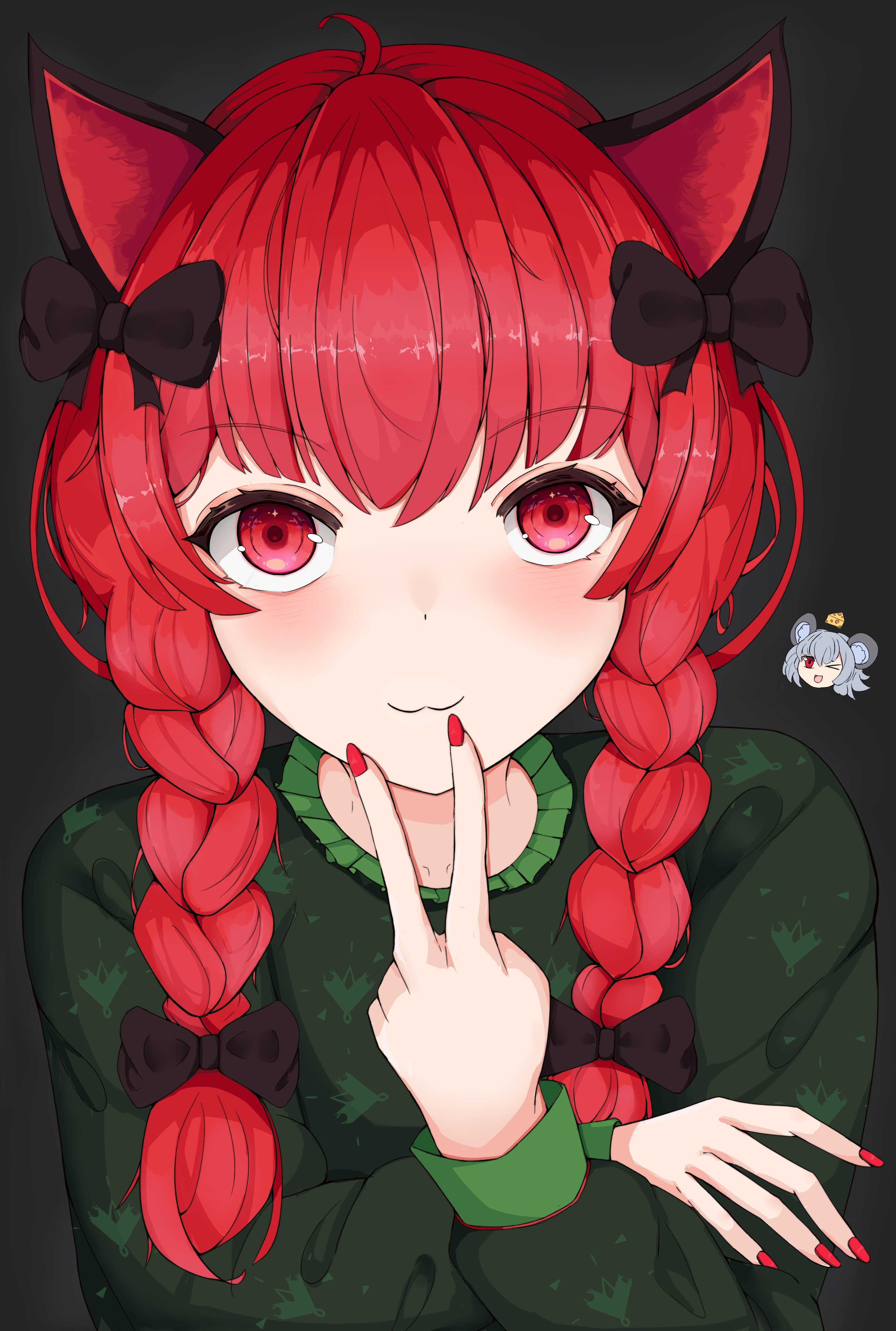 kaenbyou rin, nazrin, touhou, absurdres, commentary, highres, 1girl, agapa, animal ears, black background, black bow, bow, braid, cat ears, cat girl, hair bow, long hair, long sleeves, red nails, side braids, simple background, solo, twin braids, upper body, v