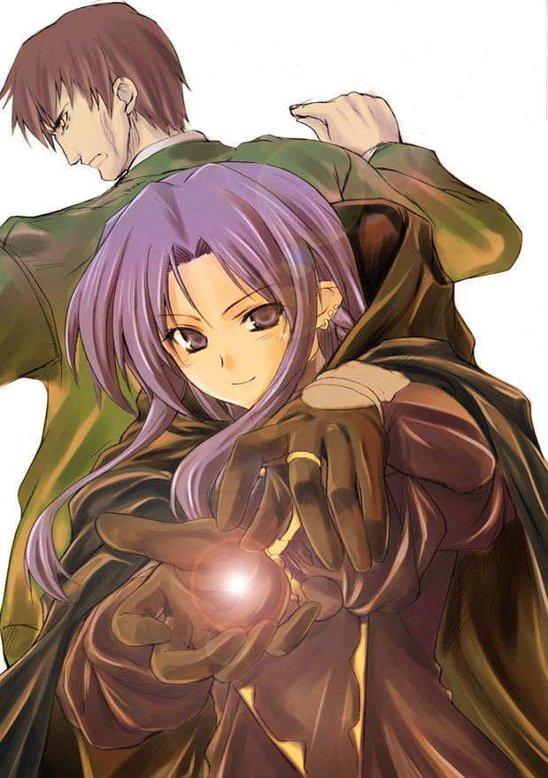 asaga aoi, kuzuki souichirou, medea (caster) (fate), medea (fate), fate/stay night, fate (series), light purple hair, 00s, 1boy, 1girl, back-to-back, brown hair, cape, earrings, hood, jewelry, light smile, long hair, looking at viewer, magic, pointy ears, ring, short hair, simple background, very long hair
