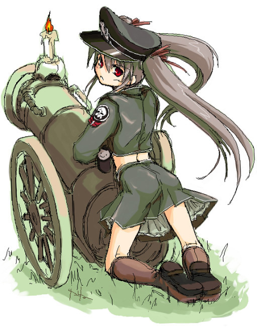 akiyama nenehisa, kooh (pangya), pangya, 1girl, candle, cannon, female focus, frown, hair ribbon, hat, long hair, mary janes, red eyes, ribbon, shoes, skirt, skull print, solo, twintails