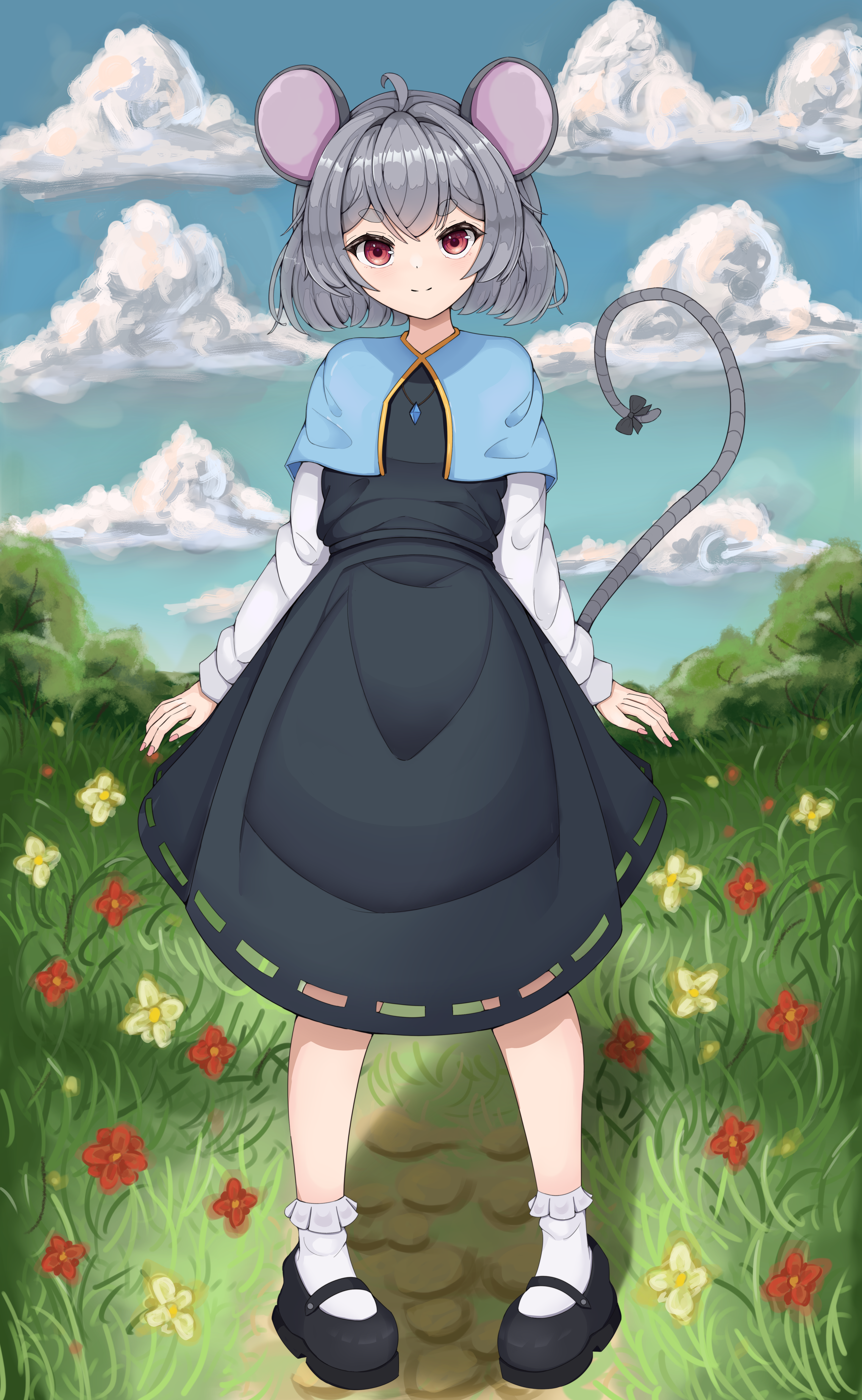 nazrin, touhou, absurdres, commentary, highres, 1girl, agapa, animal ears, black dress, black shoes, blue capelet, capelet, closed mouth, cloud, dress, flower, full body, grey hair, jewelry, looking at viewer, mouse ears, mouse girl, mouse tail, outdoors, pendant, red eyes, shoes, short hair, smile, socks, solo, standing, tail, white socks