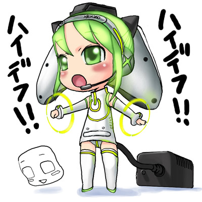os-tan, lowres, 1girl, cable, chibi, chibi only, female focus, game console, green eyes, green hair, open mouth, personification, product girl, simple background, solo, white background, xbox 360