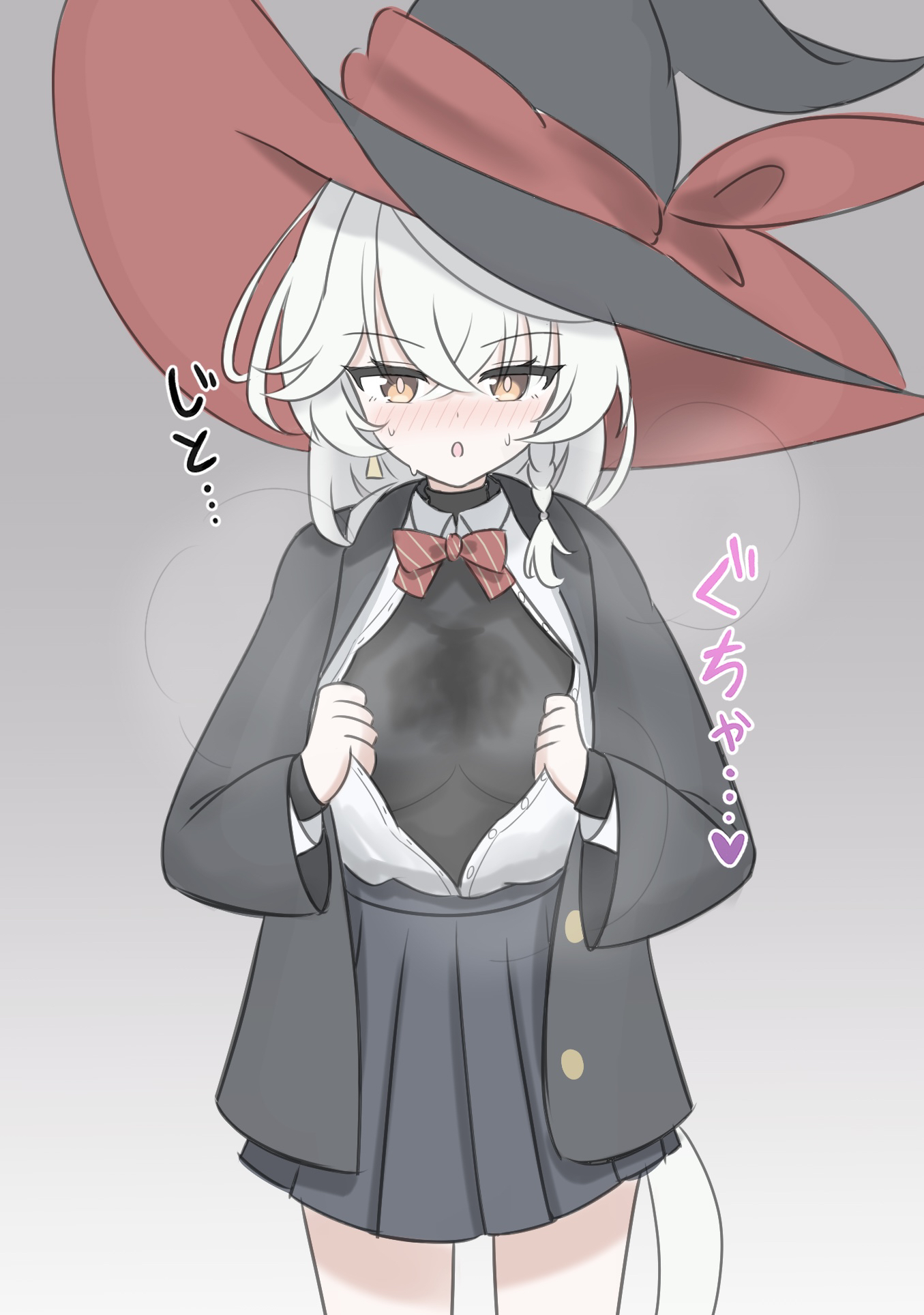eri (blue archive), blue archive, blush, bow, bowtie, braid, halo, hat, jacket, long coat, long hair, open clothes, open shirt, orange eyes, shirt, skirt, steam, sweat, sweater, wet, wet clothes, wet shirt, white hair, witch hat