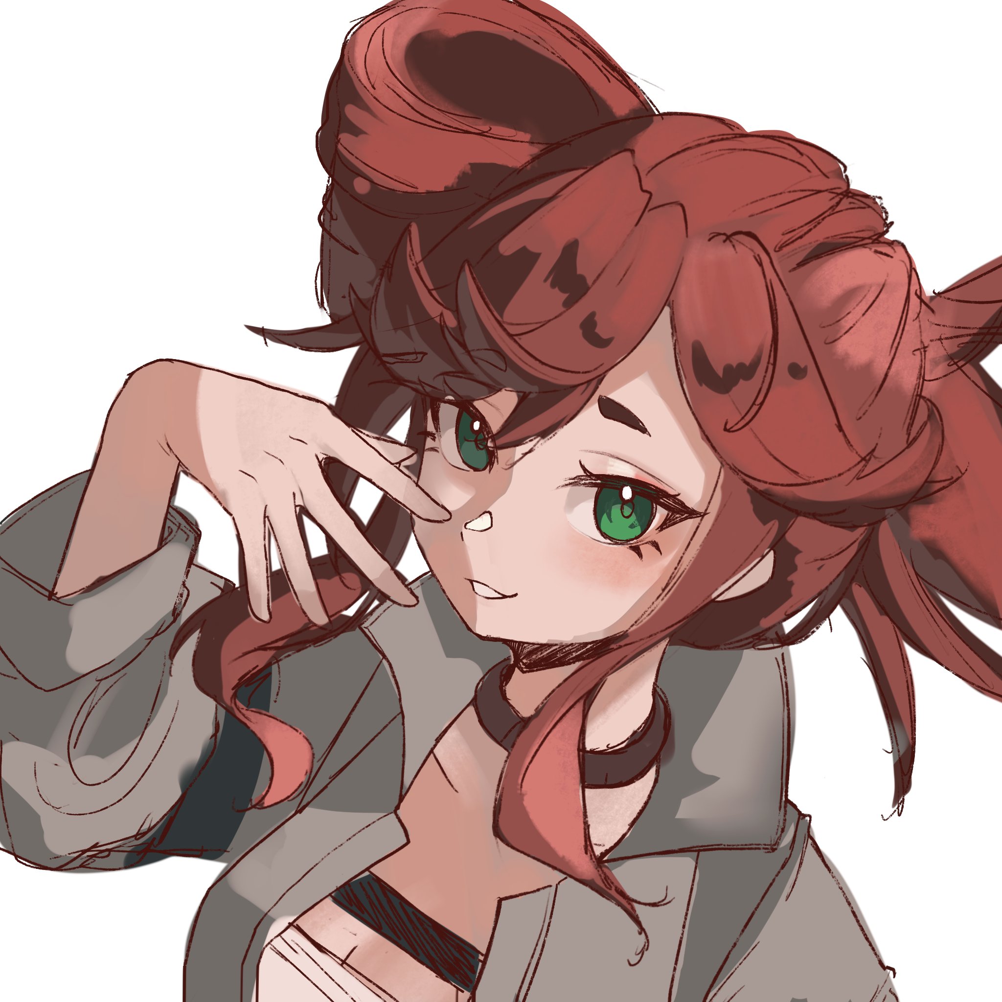 riyo reaper, gachiakuta, 1girl, 69catto, choker, green eyes, jacket, looking at viewer, red hair, solo, twintails, white background