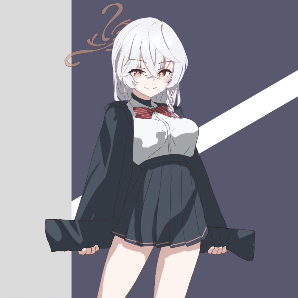 eri (blue archive), blue archive, bow, bowtie, braid, halo, jacket, long coat, long hair, orange eyes, shirt, skirt, sweater, white hair