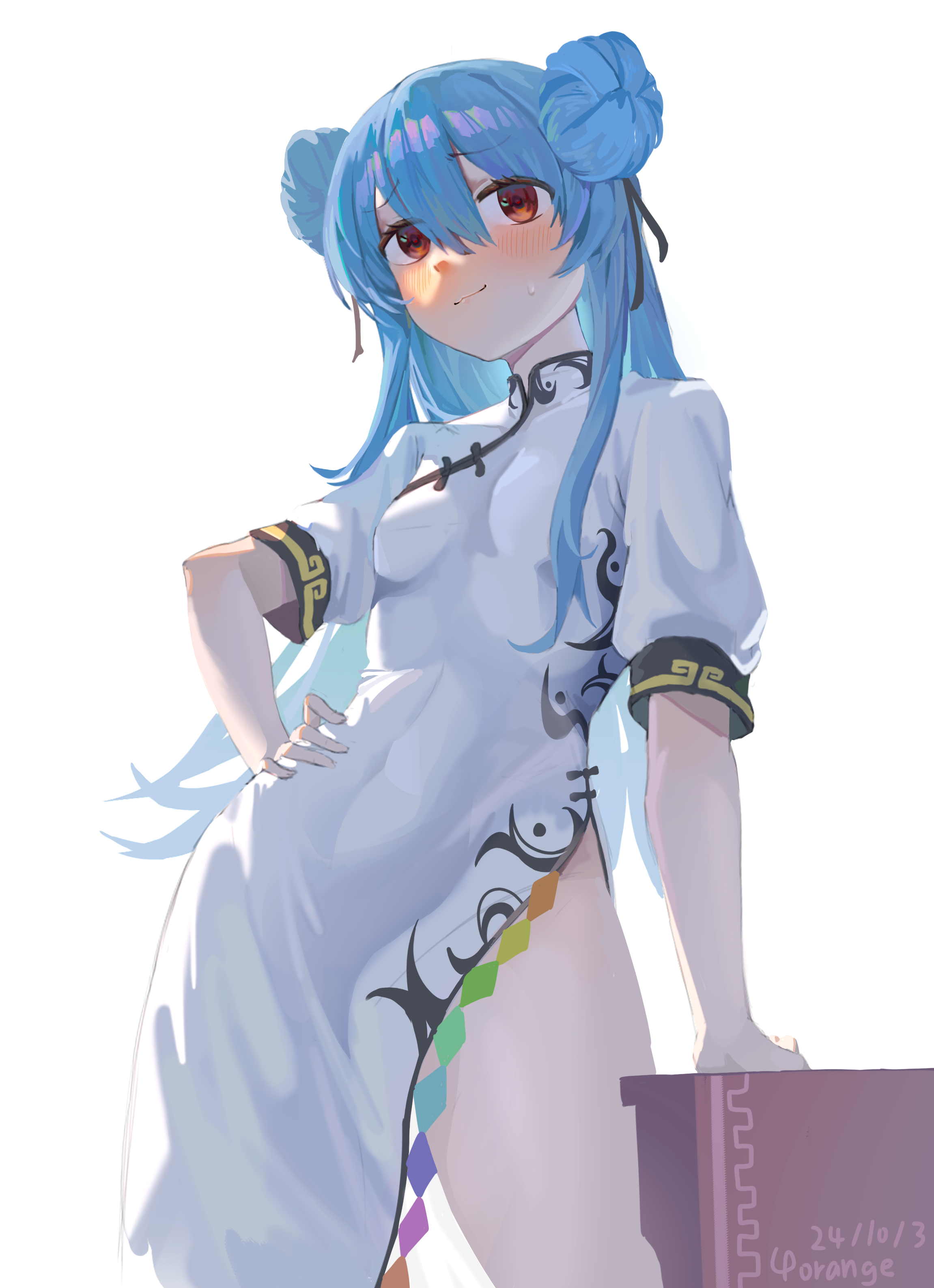 yorange17, hinanawi tenshi, touhou, absurdres, commentary, highres, 1girl, alternate costume, alternate hairstyle, artist name, blue hair, blush, breasts, china dress, chinese clothes, closed mouth, covered navel, dated, double bun, dress, hair bun, hand on own hip, long hair, looking at viewer, no headwear, red eyes, short sleeves, side slit, simple background, smile, solo, sweatdrop, thighs, very long hair, white background