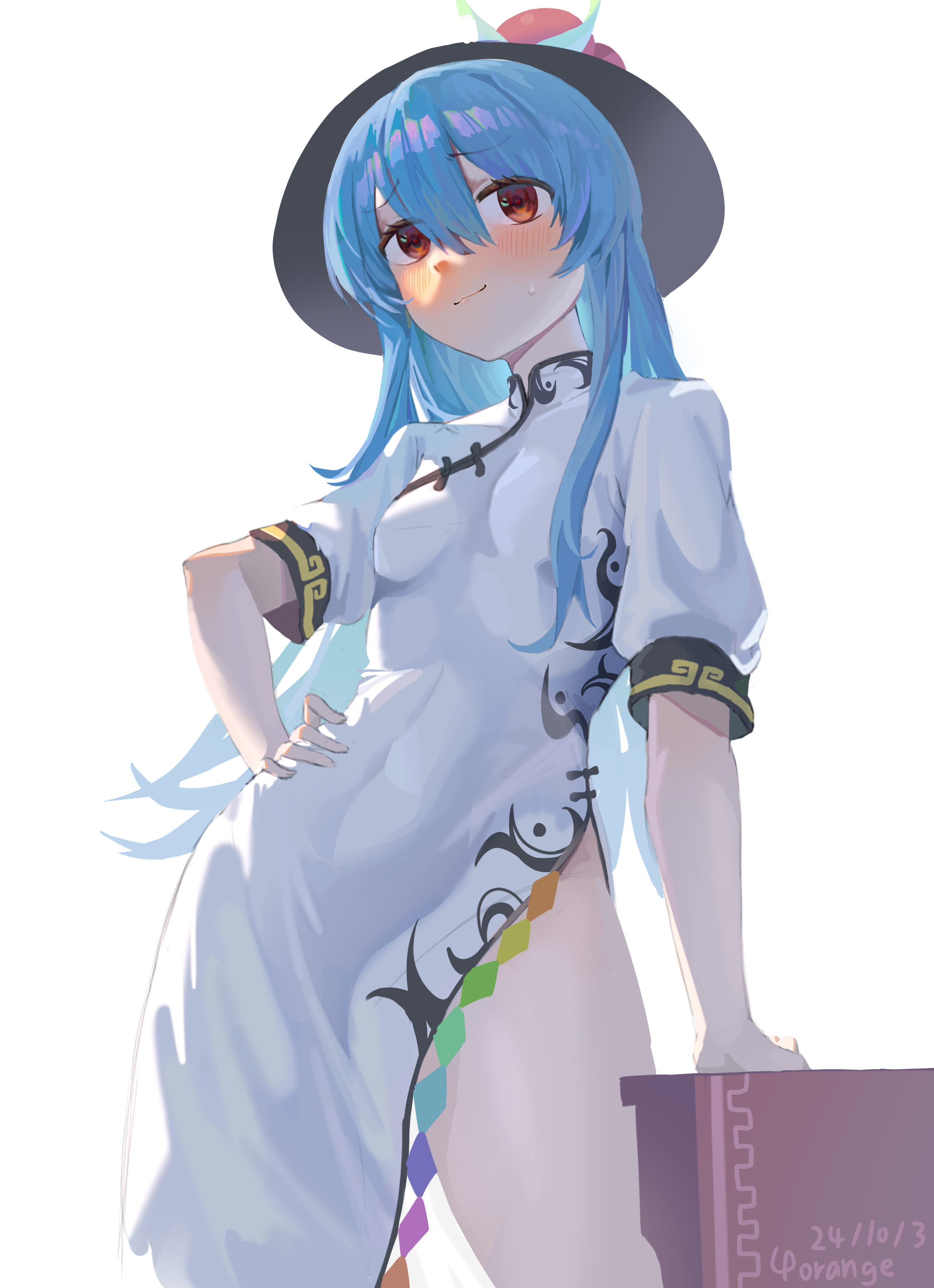 yorange17, hinanawi tenshi, touhou, absurdres, commentary, highres, 1girl, alternate costume, artist name, black hat, blue hair, blush, breasts, china dress, chinese clothes, closed mouth, covered navel, dated, dress, hand on own hip, hat, hat ornament, leaf hat ornament, long hair, looking at viewer, peach hat ornament, red eyes, short sleeves, side slit, simple background, smile, solo, sweatdrop, thighs, very long hair, white background