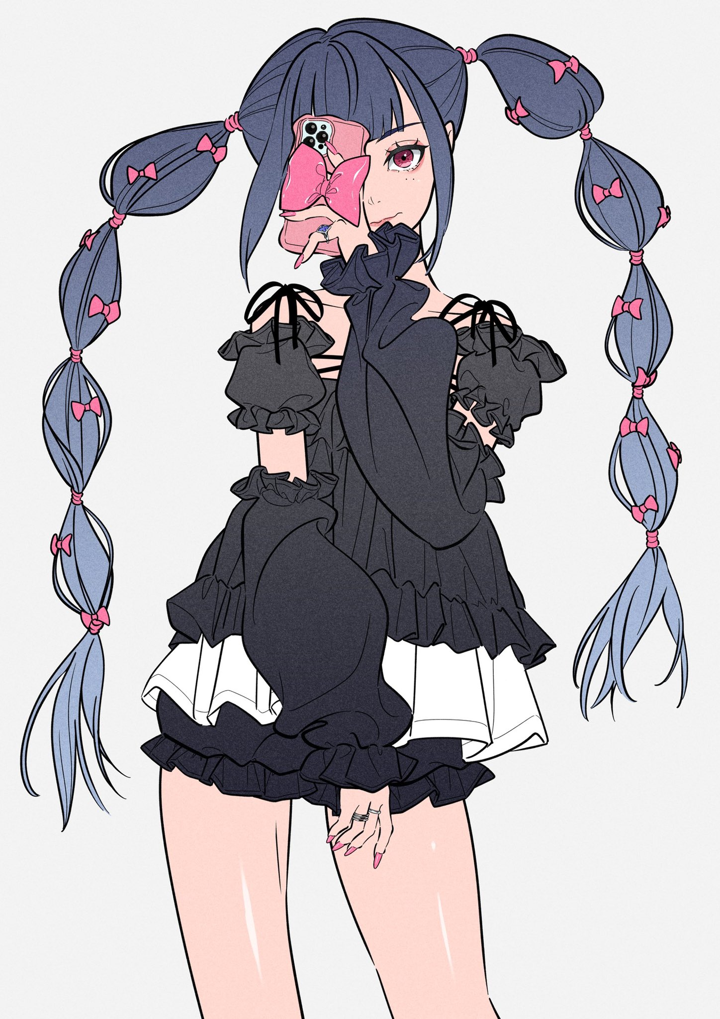 acubi tomaranai, copyright request, highres, 1girl, bow, closed mouth, grey background, holding, holding phone, long hair, long sleeves, looking at viewer, multi-tied hair, phone, simple background, solo, twintails