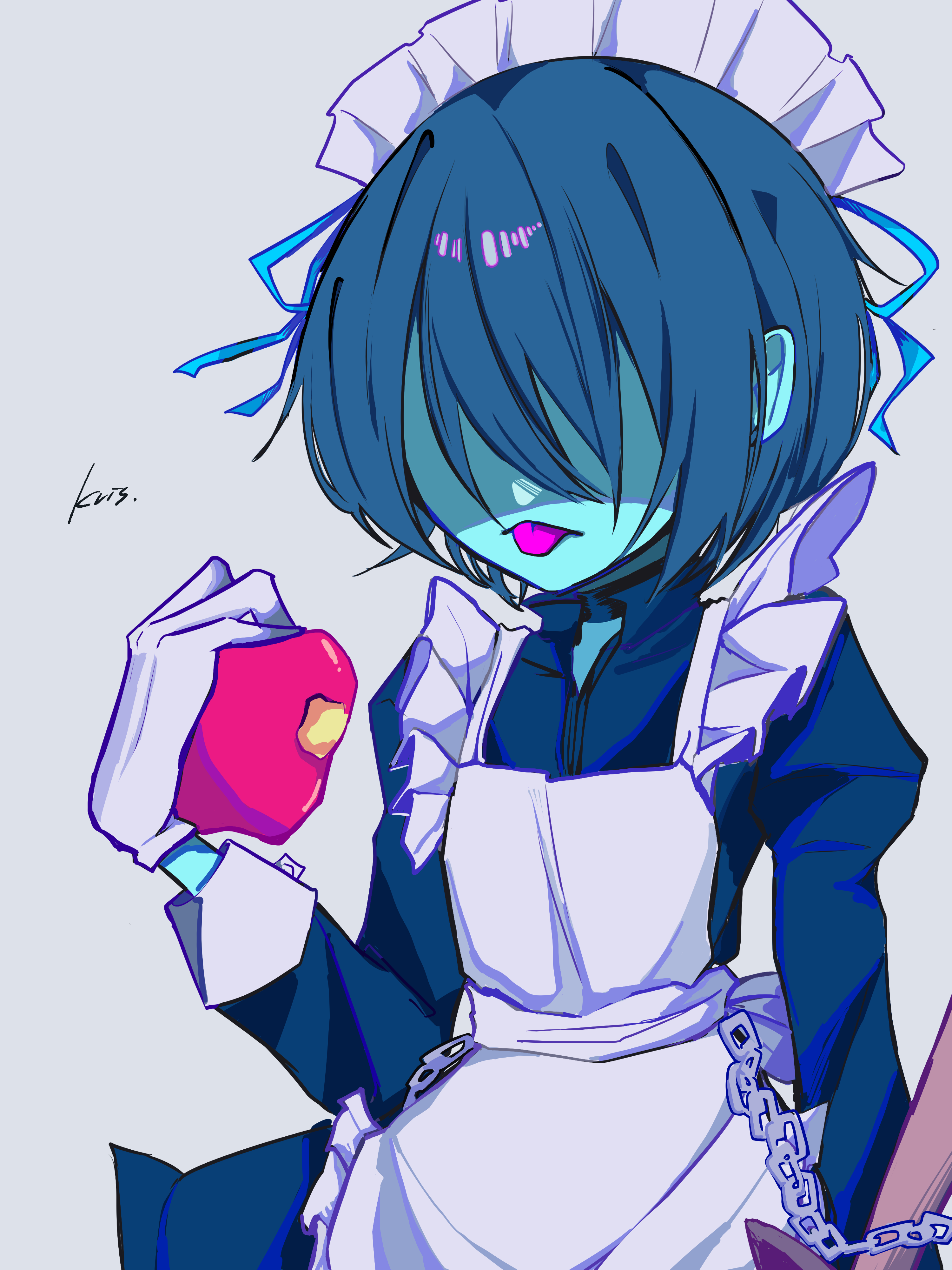 kris (dark world) (deltarune), kris (deltarune), deltarune, utdr (toby fox), absurdres, commentary request, highres, 1other, alternate costume, apple, apron, bitten apple, black dress, blue hair, blue skin, chain, character name, colored skin, dress, enmaided, food, food bite, frilled apron, frills, fruit, hair over eyes, holding, holding food, holding fruit, long sleeves, maid, maid headdress, other focus, raique, solo, tongue, tongue out, white apron