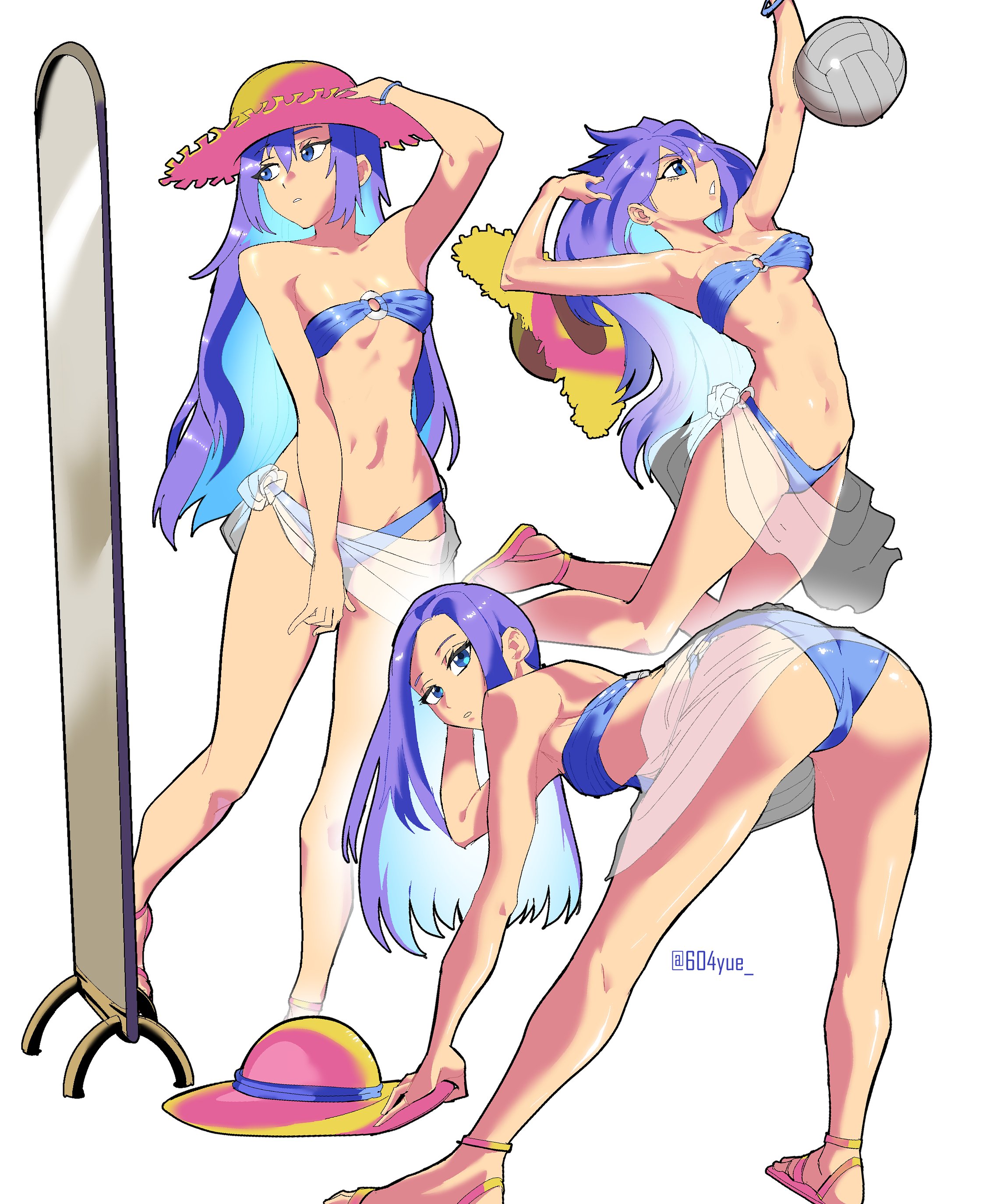 604yue, absurdres, character request, commentary, commission, copyright request, english commentary, highres, 1girl, arm up, armpits, arms up, ass, bare legs, bare shoulders, bikini, blue eyes, breasts, collarbone, colored inner hair, feet out of frame, from behind, full body, hat, jumping, leaning forward, long hair, looking at mirror, looking at viewer, medium breasts, mirror, multicolored hair, multiple girls, navel, o-ring, o-ring bikini, presenting, presenting ass, presenting pussy, purple eyes, pussy, sandals, see-through clothes, small breasts, strapless, strapless bikini, straw hat, swimsuit, two-tone hair, volleyball
