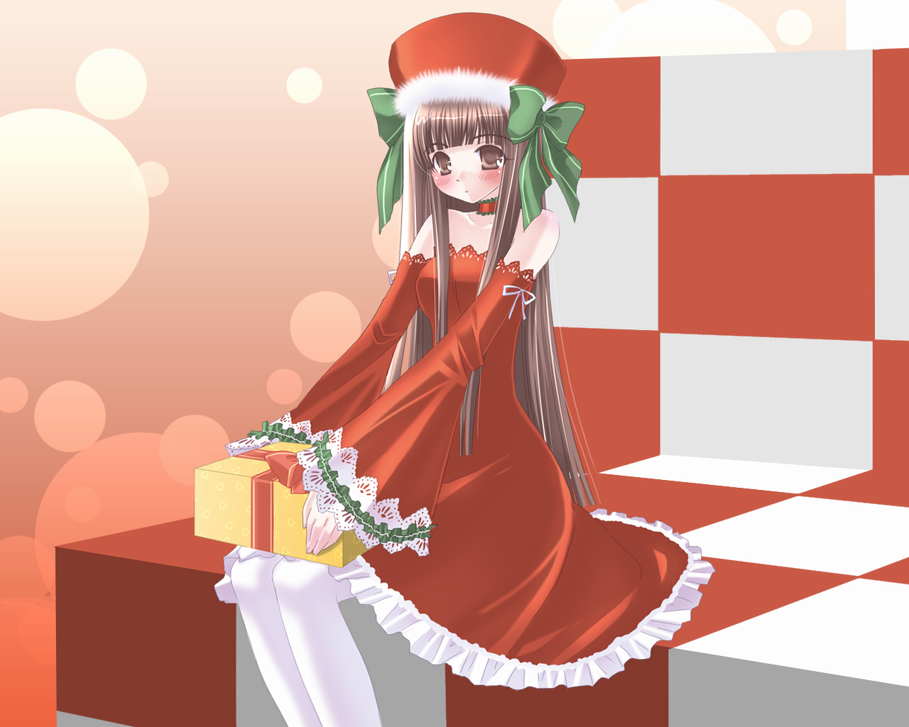 koshikawa guu, original, 1girl, bow, christmas, detached sleeves, female focus, hat, long hair, pantyhose, santa costume, simple background, solo, white pantyhose