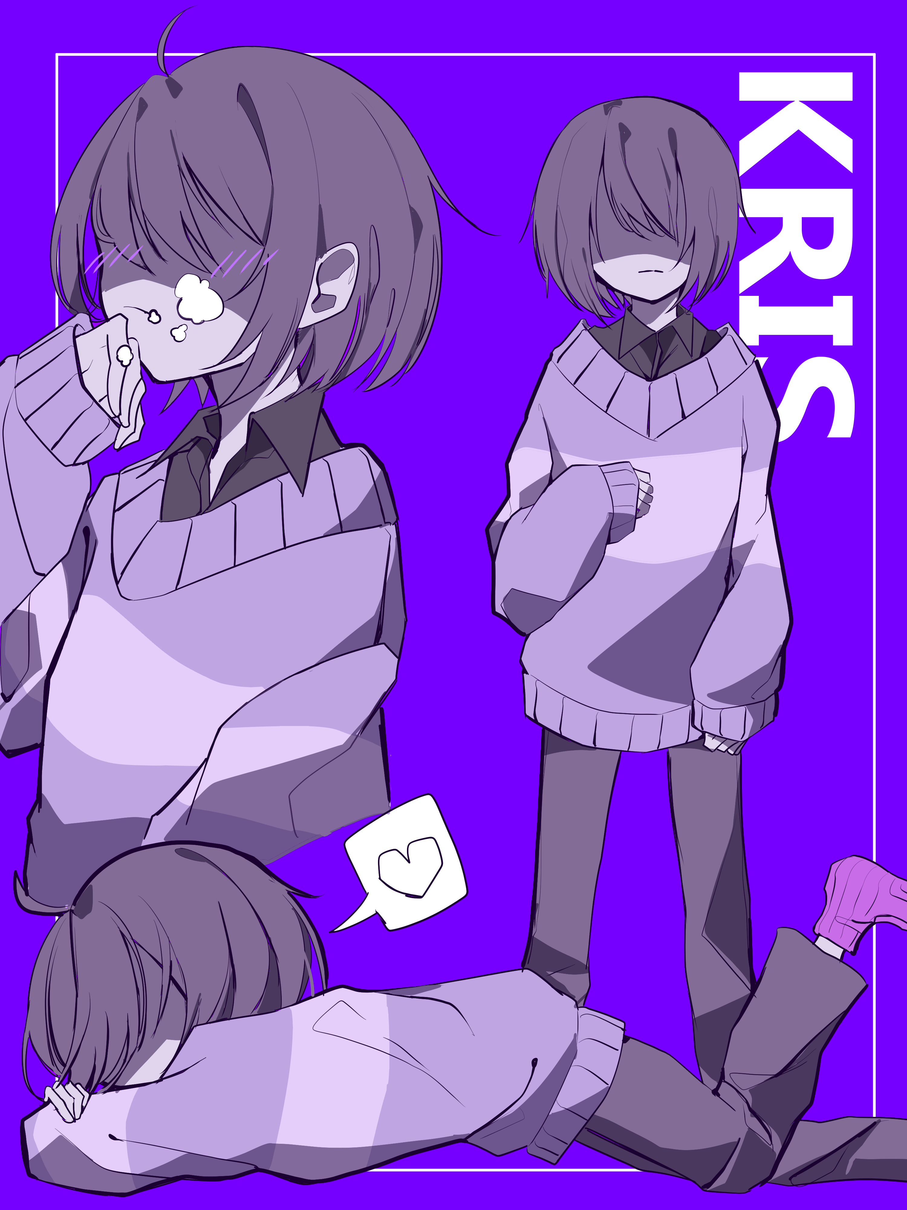 kris (deltarune), deltarune, utdr (toby fox), absurdres, commentary request, highres, 1other, blush, character name, collared shirt, greyscale with colored background, heart, lying, multiple views, on stomach, other focus, pants, partially shaded face, purple background, raique, shirt, socks, spoken heart, sweater