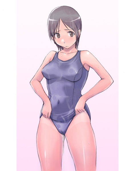 takeda sun, original, 1girl, adjusting clothes, adjusting swimsuit, female focus, frontal wedgie, one-piece swimsuit, one-piece tan, school swimsuit, solo, swimsuit, tan, tanline, wedgie