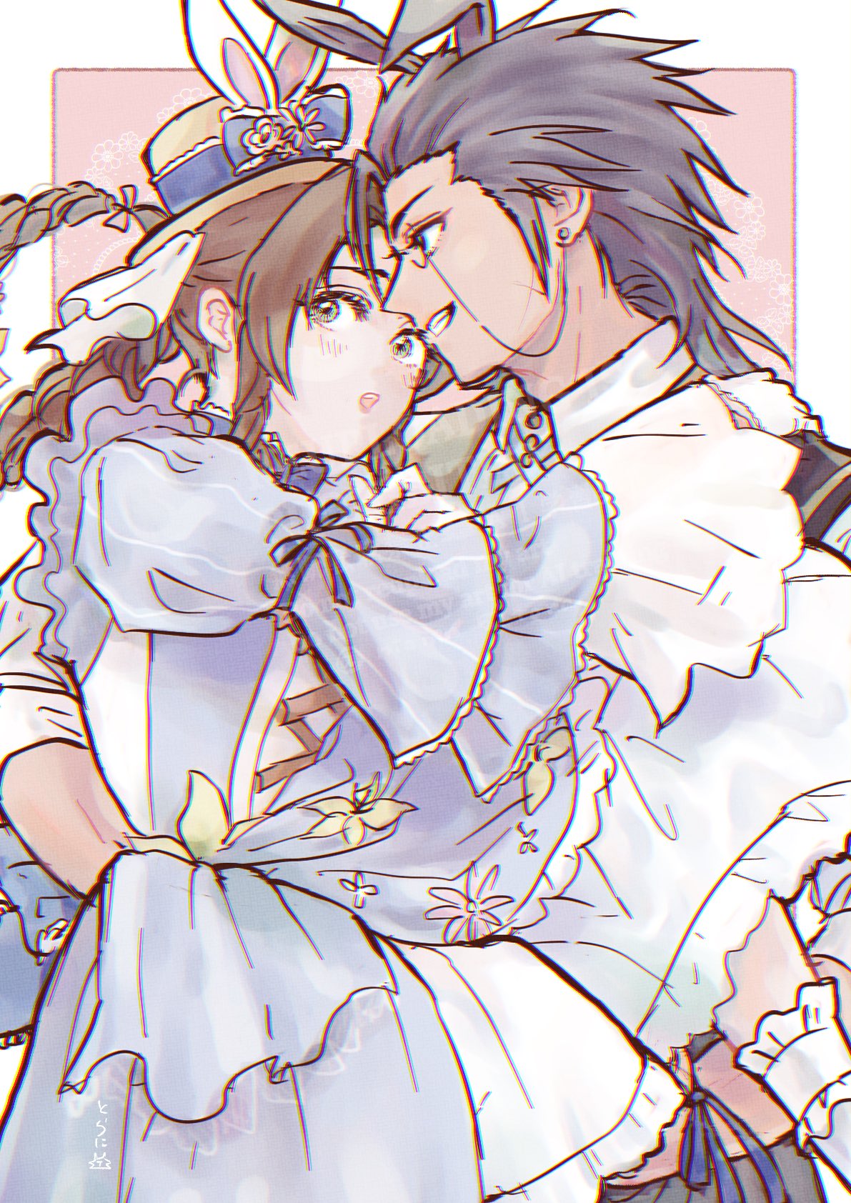 ninnin5tora, aerith gainsborough, aerith gainsborough (classic coney), zack fair, final fantasy, final fantasy vii, final fantasy vii ever crisis, commentary request, highres, 1boy, 1girl, animal ears, arm ribbon, black hair, blue dress, blue eyes, blue ribbon, blush, brown hair, butler, carrying, collared shirt, couple, dress, frilled dress, frills, gloves, green eyes, grin, hat, hug, long hair, long sleeves, official alternate costume, open mouth, parted bangs, princess carry, rabbit ears, ribbon, shirt, smile, spiked hair, white gloves, white shirt, wrist ribbon, zack fair (bunny butler)