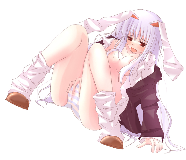 reisen udongein inaba, touhou, 1girl, animal ears, arm support, blazer, blue hair, blue panties, blush, bottomless, breasts, dress shirt, female focus, female masturbation, full body, jacket, long hair, loose socks, masturbation, no pants, open clothes, open shirt, panties, rabbit ears, red eyes, shirt, simple background, slippers, socks, solo, striped clothes, striped panties, through panties, underwear, white background