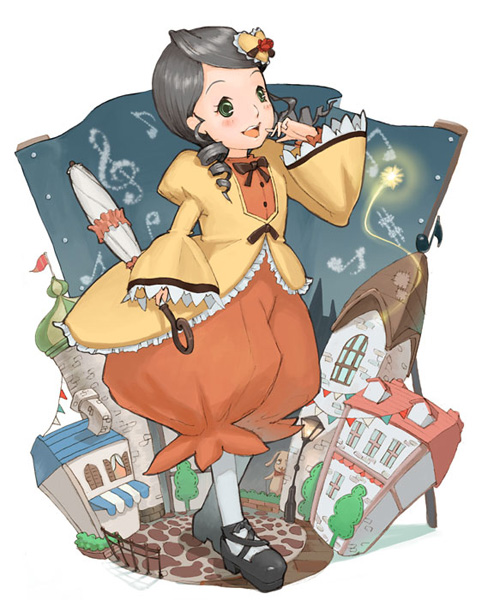 tanatelier, kanaria, kunkun, rozen maiden, white legwear, 00s, 1girl, baggy pants, beamed quavers, blush, building, dress, drill hair, female focus, full body, green eyes, grey eyes, hair ornament, holding, long sleeves, musical note, open mouth, pants, parasol, puffy sleeves, quaver, sharp sign, shoes, solo, treble clef, umbrella, walking