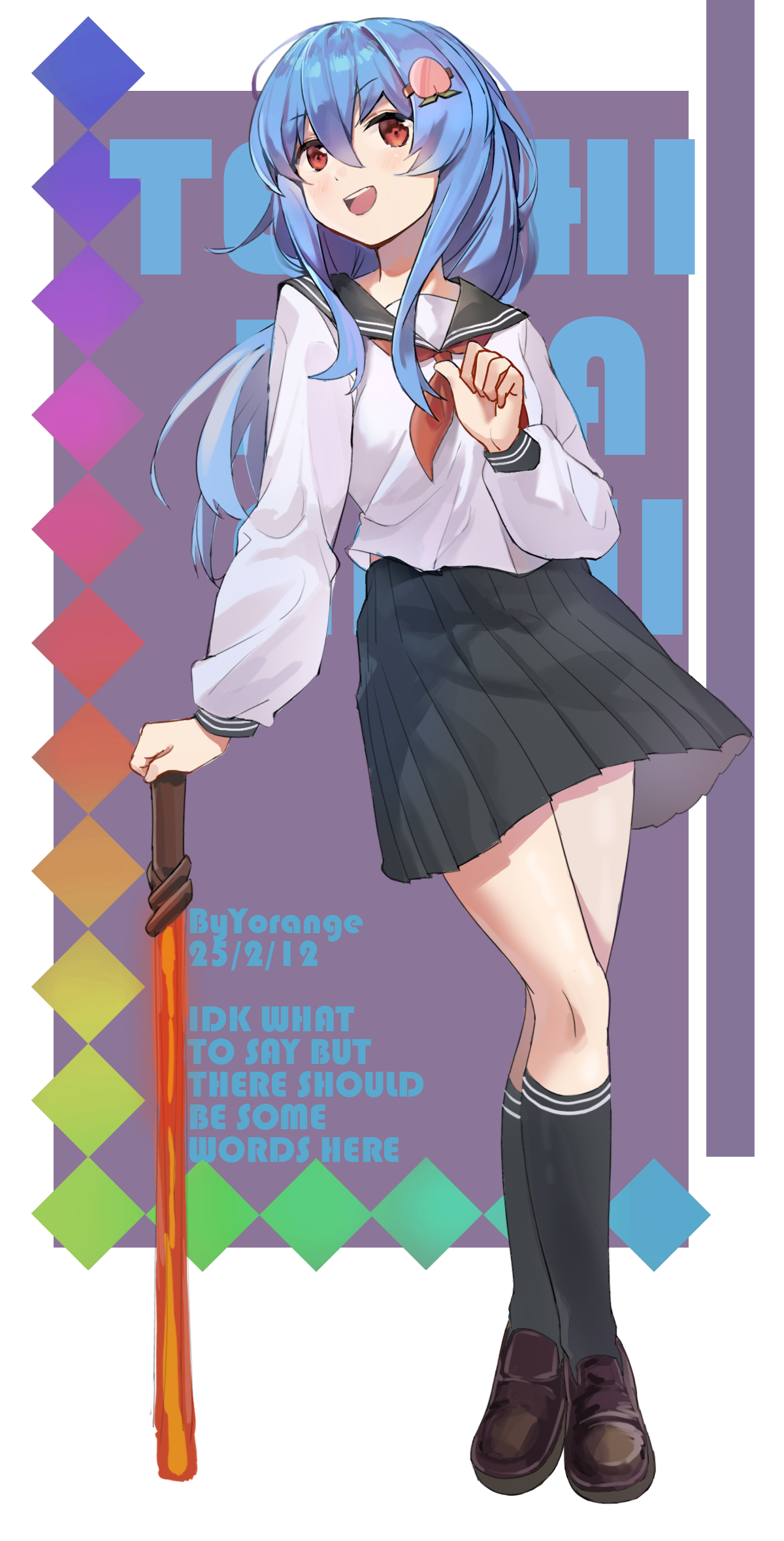 yorange17, hinanawi tenshi, touhou, chinese commentary, commentary request, highres, 1girl, alternate costume, artist name, black sailor collar, black skirt, black socks, blue hair, brown shoes, character name, dated, english text, food-themed hair ornament, hair between eyes, hair ornament, kneehighs, loafers, long hair, looking at viewer, neckerchief, no headwear, open mouth, peach hair ornament, pleated skirt, red eyes, red neckerchief, sailor collar, sailor shirt, school uniform, shirt, shoes, skirt, smile, socks, solo, sword, sword of hisou, teeth, upper teeth only, very long hair, weapon
