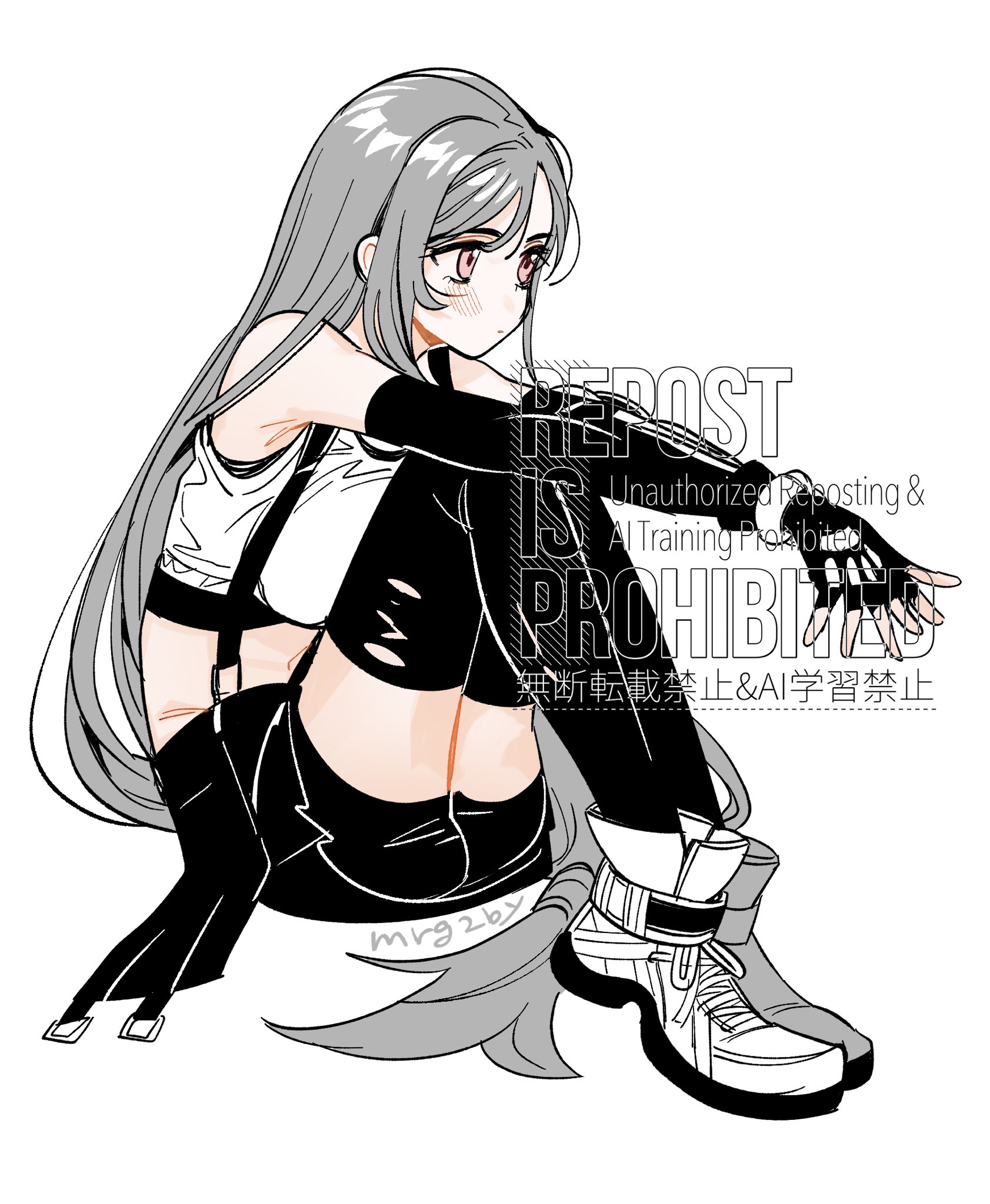 mrg2by, tifa lockhart, final fantasy, final fantasy vii, final fantasy vii remake, commentary request, highres, 1girl, artist name, bare shoulders, bike shorts under skirt, black gloves, black skirt, black thighhighs, blush, breasts, closed mouth, crop top, fingerless gloves, full body, gloves, grey hair, knees up, large breasts, long hair, low-tied long hair, miniskirt, partially colored, red eyes, sitting, skirt, solo, suspender skirt, suspenders, tank top, thighhighs, twitter username, white background, white tank top