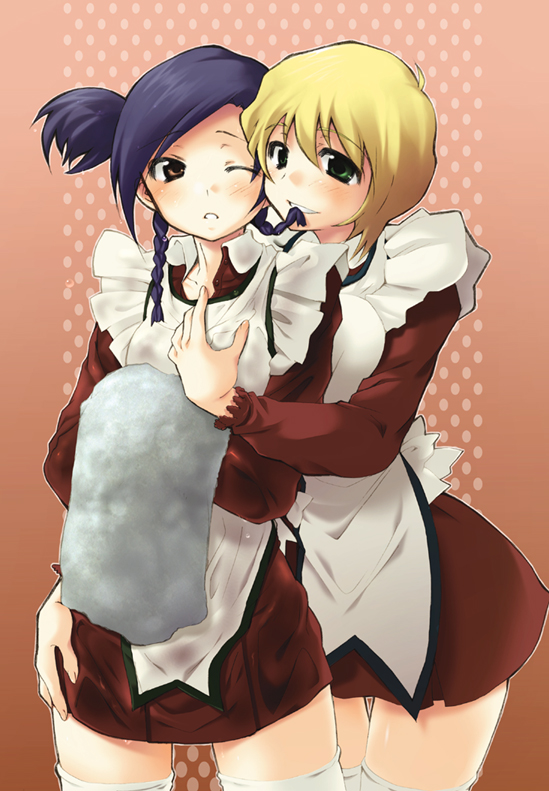 aki eda, erstin ho, nina wang, my-otome, white legwear, 00s, 2girls, :d, ;o, apron, blonde hair, blue hair, blush, braid, breast press, breasts, dress, eye contact, flat chest, frills, garderobe uniform, gradient background, green eyes, grin, hair between eyes, hair in own mouth, hand on another's chest, large breasts, long sleeves, looking at another, multiple girls, naughty face, one eye closed, open mouth, orange eyes, polka dot, polka dot background, profile, short dress, short hair, short twintails, side braid, smile, standing, swept bangs, thigh gap, thighhighs, towel, twin braids, twintails, two side up, waitress, wince, wink, yuri, zettai ryouiki