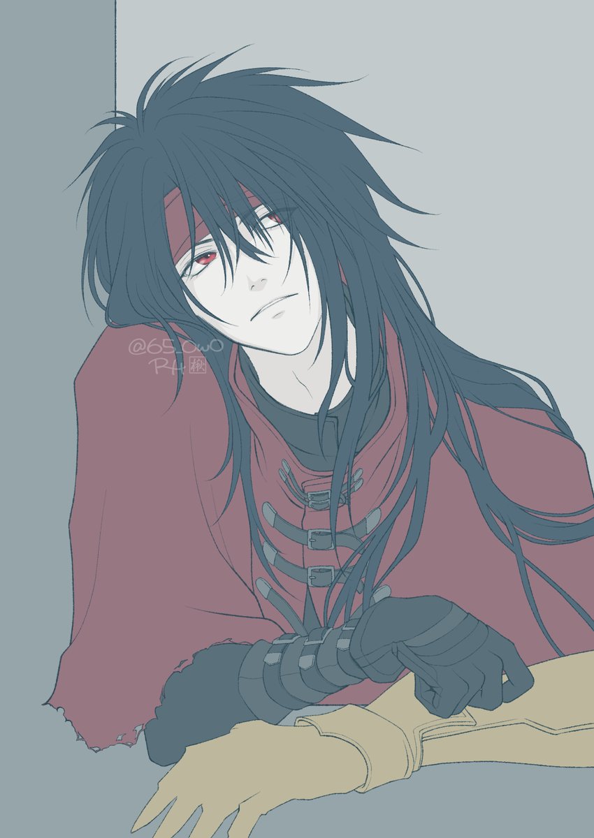 roco pic, vincent valentine, final fantasy, final fantasy vii, commentary, highres, symbol-only commentary, 1boy, belt buckle, black gloves, black hair, buckle, cloak, closed mouth, gauntlets, gloves, hair between eyes, headband, long hair, looking up, male focus, red cloak, red eyes, red headband, single gauntlet, single glove, solo, twitter username, upper body