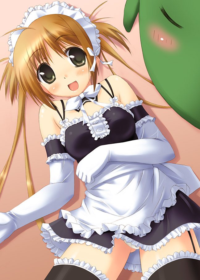 kouzuki hajime, pochi (kore ga watashi no goshujin-sama), sawatari mitsuki, kore ga watashi no goshujin-sama, 00s, 1girl, arm garter, black dress, black thighhighs, blonde hair, blush, bow, breasts, brown eyes, brown hair, choker, closed eyes, cowboy shot, crocodile, crocodilian, detached collar, dot nose, dress, elbow gloves, facing viewer, female focus, frilled gloves, frilled thighhighs, frills, garter belt, garter straps, gloves, looking at viewer, lying, maid, maid headdress, nakabayashi yoshitaka's maid uniform, on back, panties, panty peek, pantyshot, short dress, short hair, small breasts, smile, solo, thighhighs, underwear, white gloves, white panties, zettai ryouiki