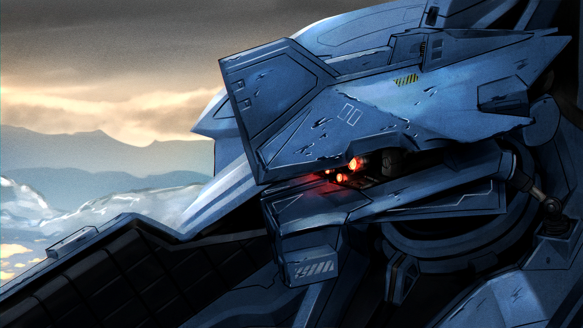 armored core, head, glowing, glowing eyes, hazard stripes, mecha, mountains, no humans, pistons, robot, secret level (series), skies