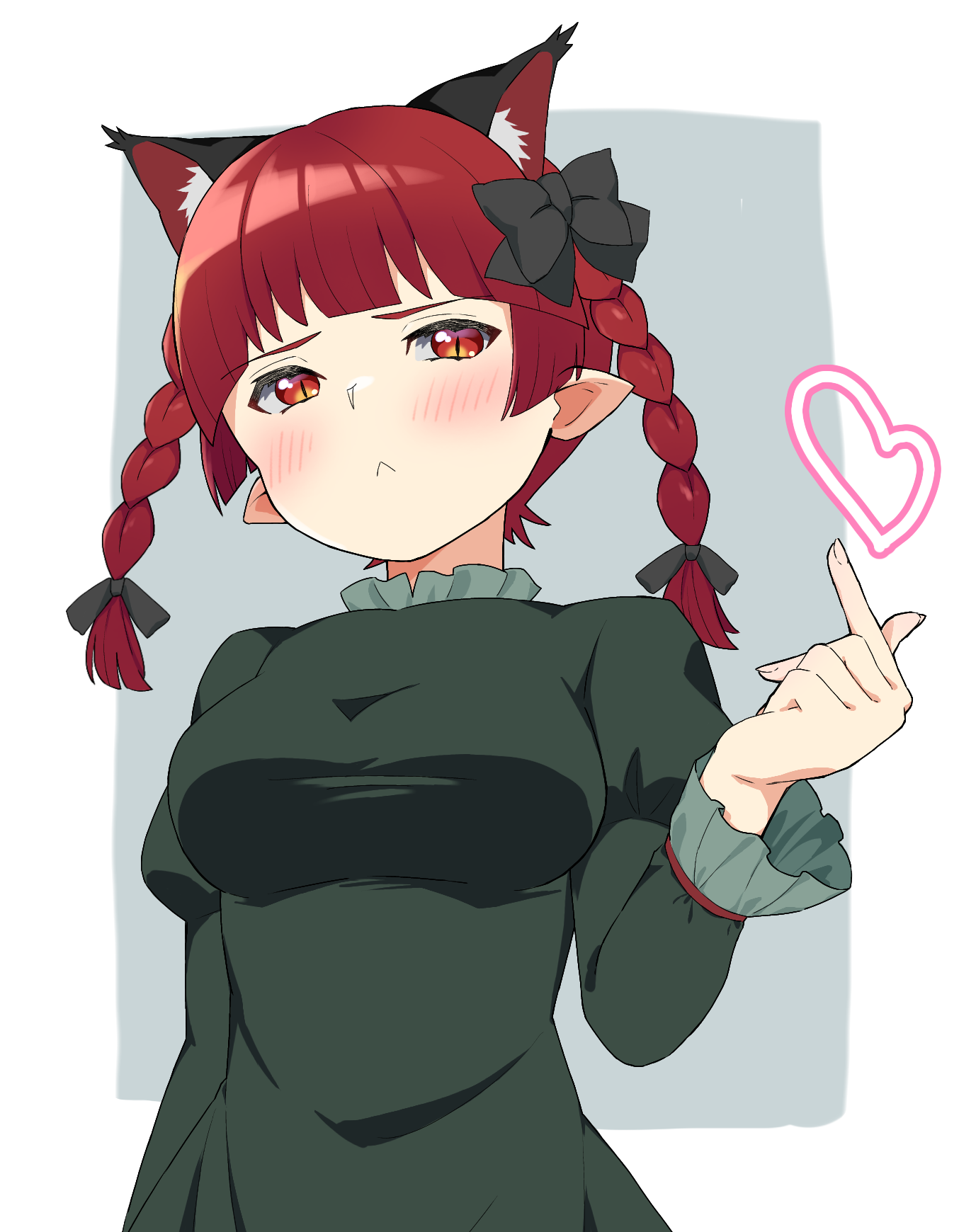 konkuri251, kaenbyou rin, touhou, commentary, highres, 1girl, animal ears, black bow, bow, braid, breasts, cat ears, cat girl, dress, extra ears, green dress, grey background, hair bow, heart, long sleeves, medium breasts, medium hair, pointy ears, red eyes, red hair, side braids, slit pupils, solo, twin braids, upper body