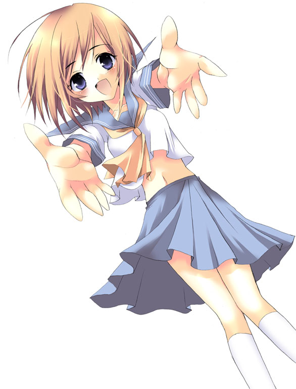 ico (pekoguest), ryuuguu rena, higurashi no naku koro ni, 00s, 1girl, artistic error, believe in me, blush, brown hair, dutch angle, female focus, from below, midriff, navel, open mouth, outstretched arms, outstretched hand, pleated skirt, purple eyes, school uniform, serafuku, skirt, solo