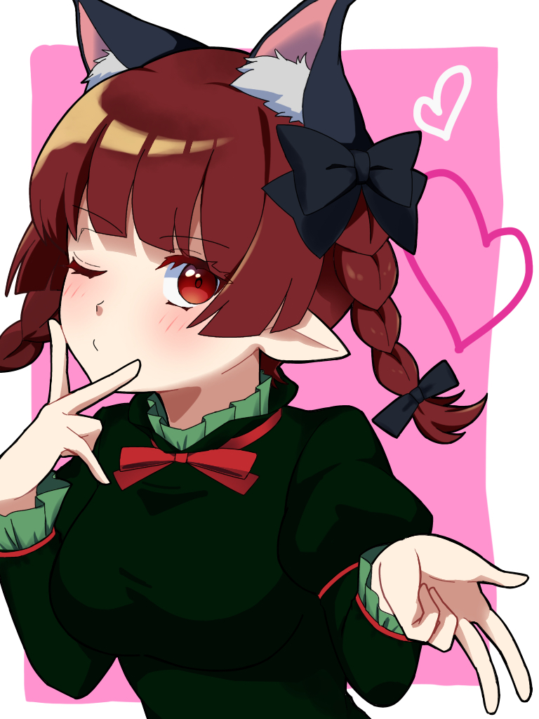 konkuri251, kaenbyou rin, touhou, commentary, commentary request, 1girl, animal ear fluff, animal ears, black bow, blush, bow, braid, breasts, cat ears, closed mouth, hair bow, heart, juliet sleeves, large breasts, long sleeves, looking at viewer, one eye closed, pink background, puffy sleeves, red hair, side braids, solo, twin braids, upper body