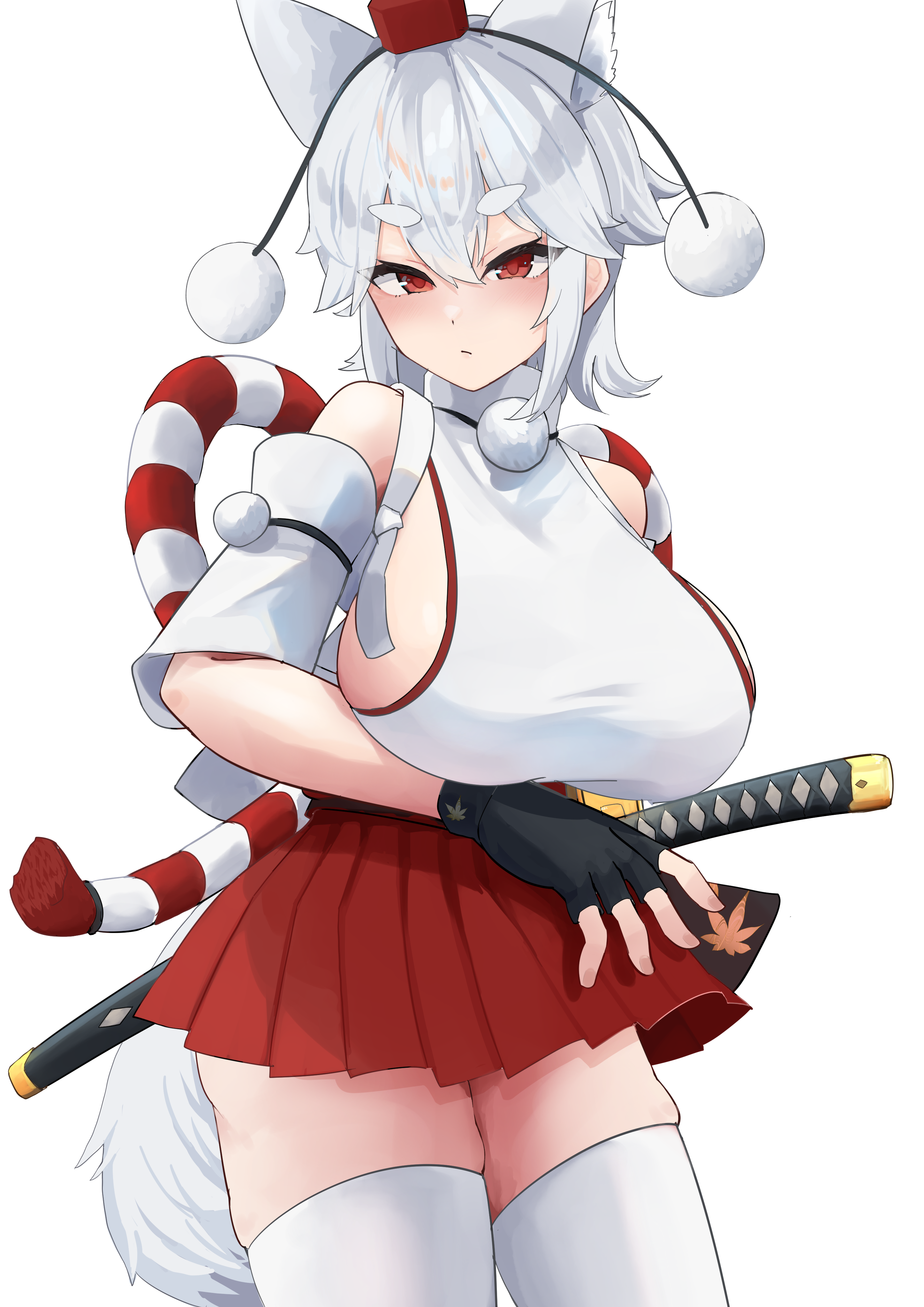 shinonome zakuro, inubashiri momiji, touhou, absurdres, commentary request, highres, 1girl, animal ears, black gloves, blush, breasts, closed mouth, detached sleeves, fingerless gloves, gloves, hat, holding, holding sword, holding weapon, pleated skirt, red eyes, red hat, red skirt, short eyebrows, short hair, sideboob, simple background, skindentation, skirt, solo, sword, tail, thighhighs, tokin hat, weapon, white background, white hair, white thighhighs, wolf ears, wolf girl, wolf tail