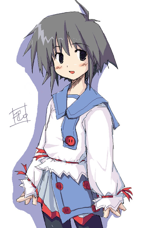 1girl, buttons, empty eyes, female focus, grey hair, oekaki, pantyhose, pleated skirt, ribbon, school uniform, serafuku, short hair, skirt, solo, white background