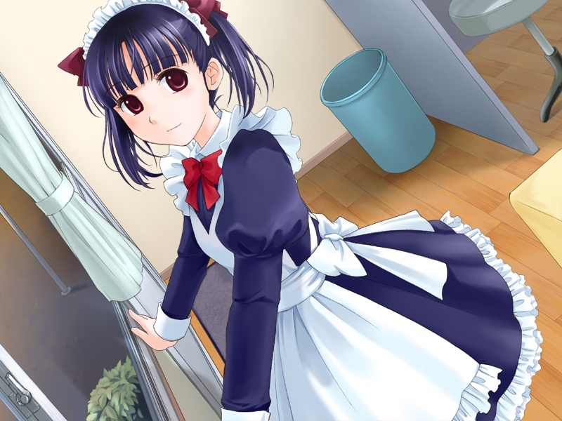 ginta, kaburagi haruna, pure x cure, game cg, 1girl, apron, blue hair, bow, bush, chair, curtains, female focus, from side, hair bow, looking at viewer, maid, maid apron, maid headdress, red eyes, solo, trash can, window, wooden floor