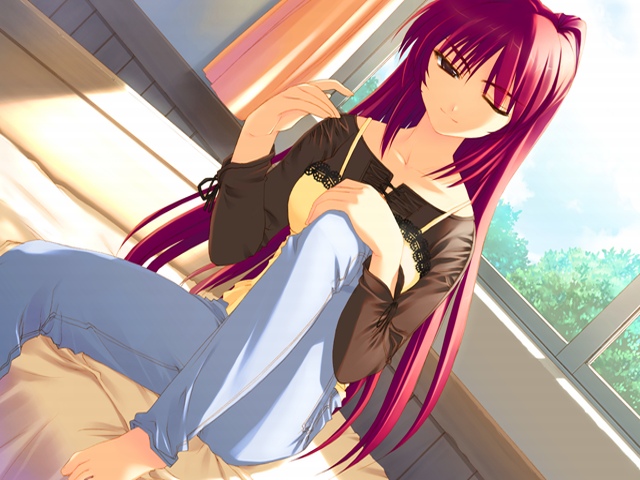 amazuyu tatsuki, kousaka tamaki, to heart (series), to heart 2, game cg, 00s, 1girl, barefoot, bed, brown eyes, camisole, casual, female focus, long hair, one eye closed, red hair, shirt under shirt, solo, wink