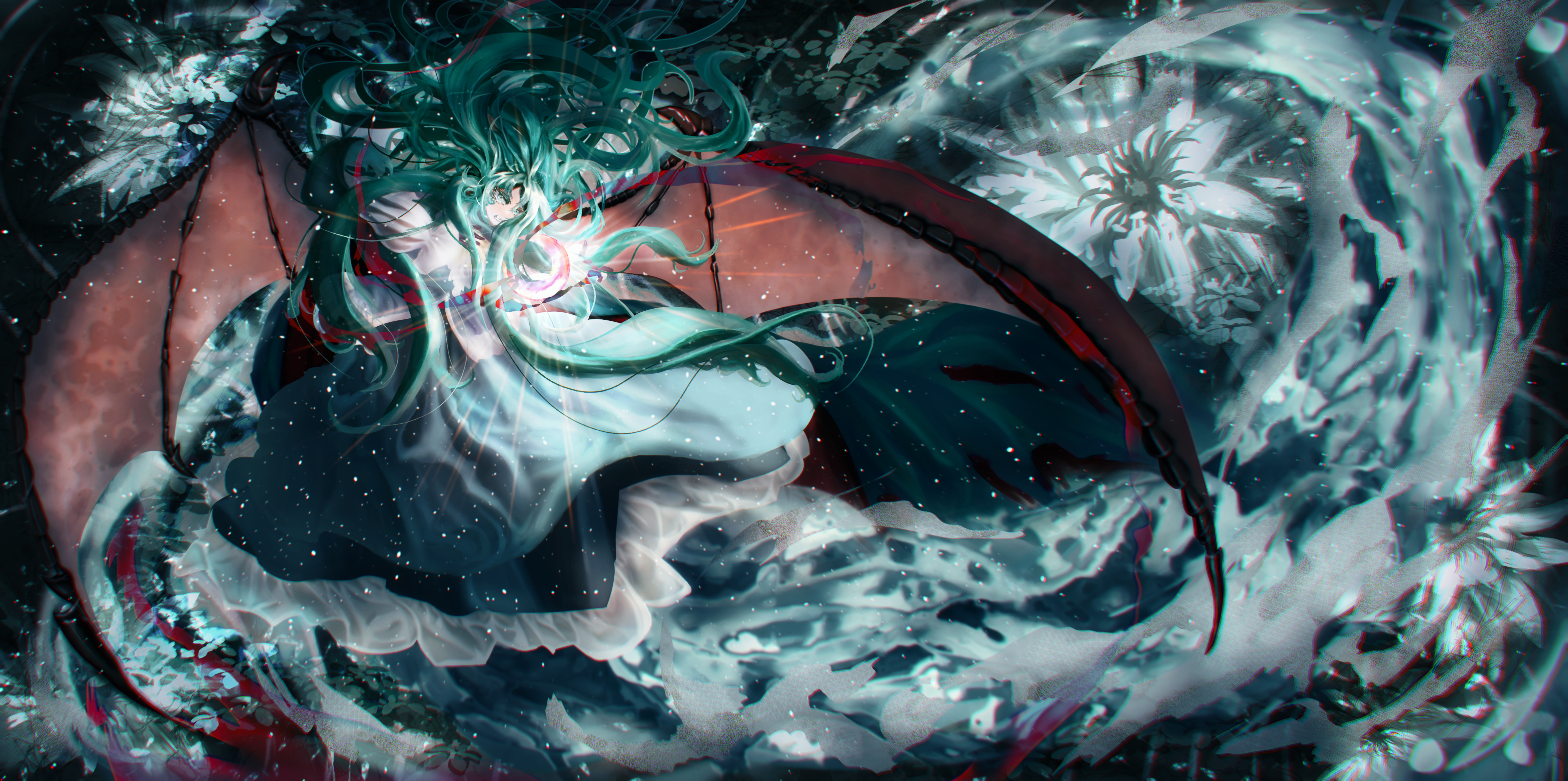 xiirus, mima (touhou), touhou, touhou (pc-98), absurdres, commentary, english commentary, highres, 1girl, blue dress, demon wings, dress, full body, green eyes, green hair, long hair, looking at viewer, solo, wings