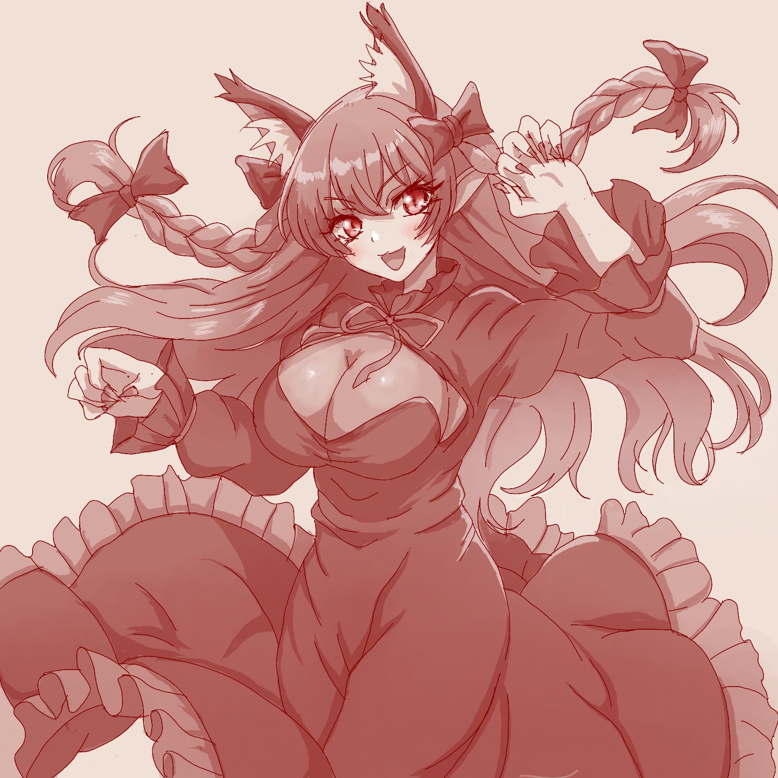 necoyngwie, kaenbyou rin, touhou, highres, 1girl, alternate hair length, alternate hairstyle, animal ear fluff, animal ears, bow, cat ears, cat girl, dress, extra ears, fingernails, frilled dress, frills, greyscale, hair bow, juliet sleeves, long fingernails, long hair, long sleeves, looking at viewer, monochrome, open mouth, pointy ears, puffy sleeves, smile, solo