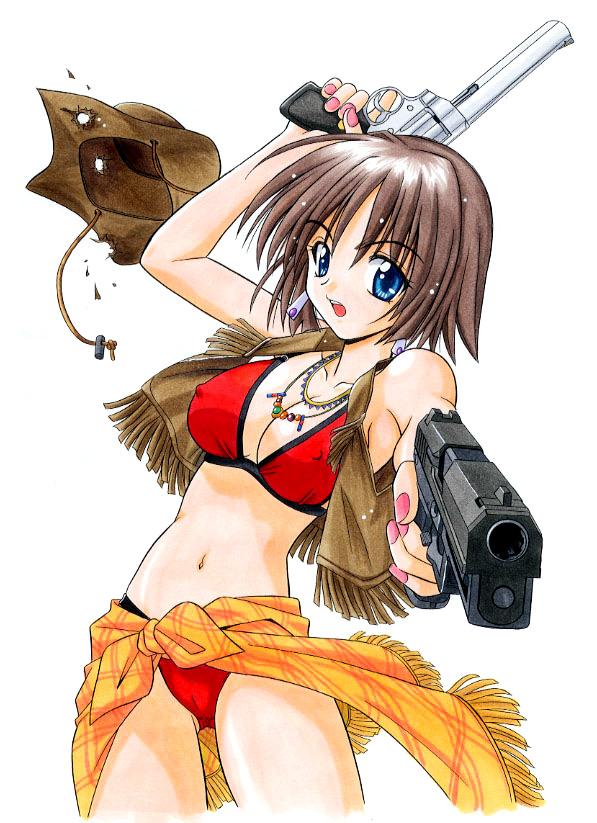 matra milan, heckler & koch, jpeg artifacts, 1girl, asymmetrical dual wielding, bikini, blue eyes, breasts, brown hair, bullet hole, cameltoe, covered erect nipples, cowboy hat, cowboy western, dual wielding, earrings, female focus, fringe trim, gun, h&k usp, handgun, hands on own hips, hat, holding, jewelry, medium breasts, nail polish, necklace, pink nails, pistol, red bikini, revolver, semi-automatic pistol, short hair, solo, swimsuit, vest, weapon