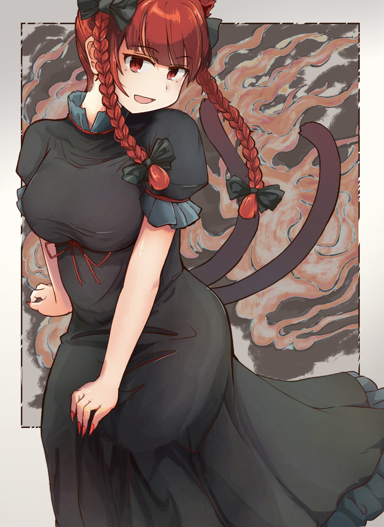 morizou shi, kaenbyou rin, touhou, commentary, highres, 1girl, animal ears, black bow, black dress, bow, braid, breasts, cat ears, cat tail, dress, hair bow, looking at viewer, multiple tails, nekomata, open mouth, red eyes, red nails, short sleeves, side braids, smile, solo, tail, twin braids, two tails