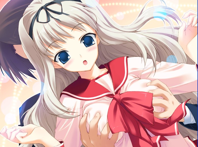 kawata hisashi, kusugawa sasara, aquaplus, to heart, to heart (series), to heart 2, game cg, official art, 00s, 1girl, blonde hair, breasts, grabbing another's breast, groping, school uniform, serafuku, solo focus