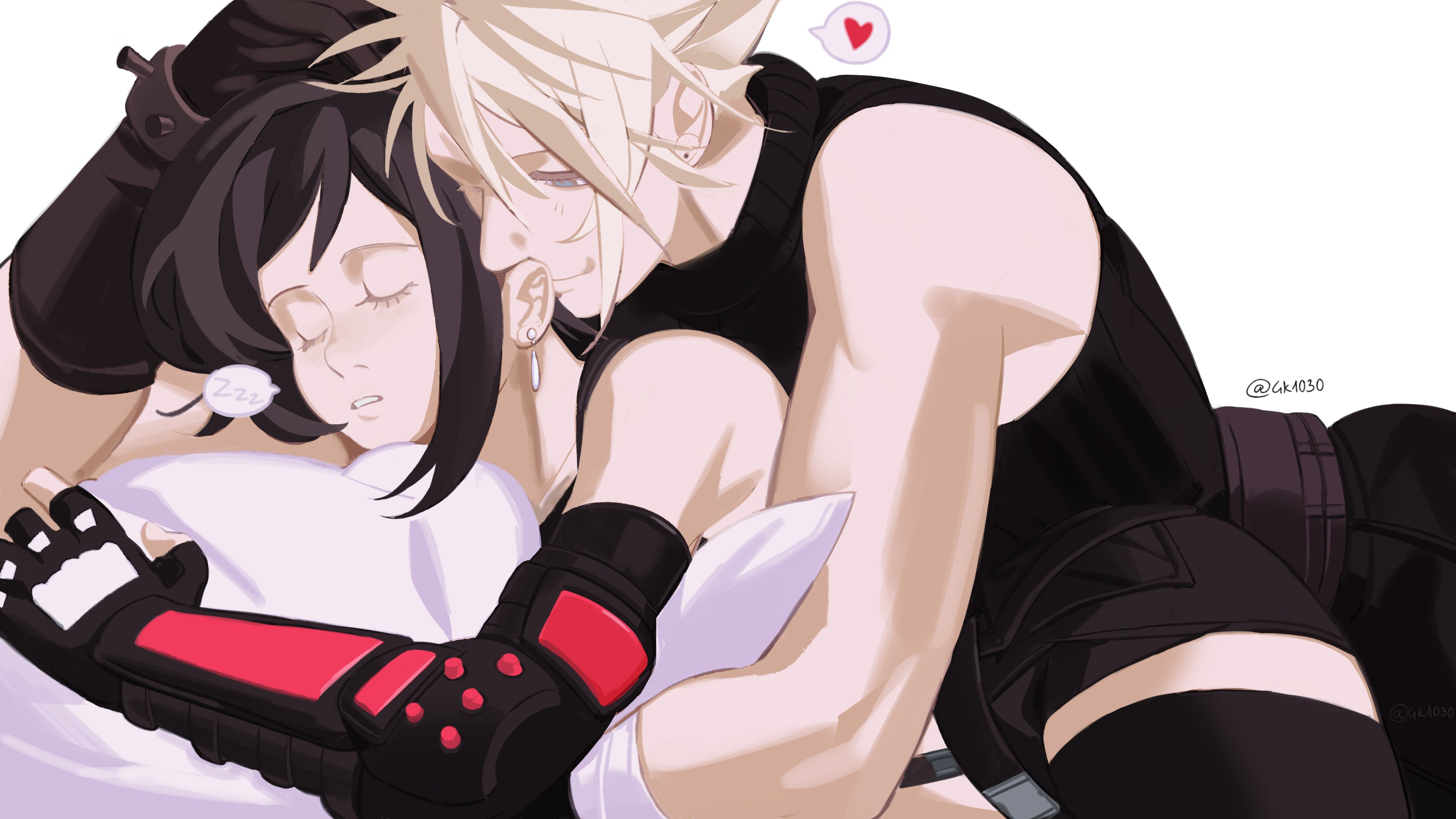 4k1030, cloud strife, tifa lockhart, final fantasy, final fantasy vii, final fantasy vii rebirth, final fantasy vii remake, absurdres, highres, 1boy, 1girl, bare arms, bare shoulders, black gloves, black hair, blonde hair, closed eyes, couple, cuddling, earrings, elbow gloves, gloves, hand on another's head, heart, hug, hugging object, jewelry, long hair, looking at another, parted lips, pillow, pillow hug, simple background, single arm guard, single earring, sleeping, sleeveless, sleeveless turtleneck, smile, spiked hair, spoken heart, spoken zzz, sweater, turtleneck, turtleneck sweater, twitter username, upper body, white background, zzz