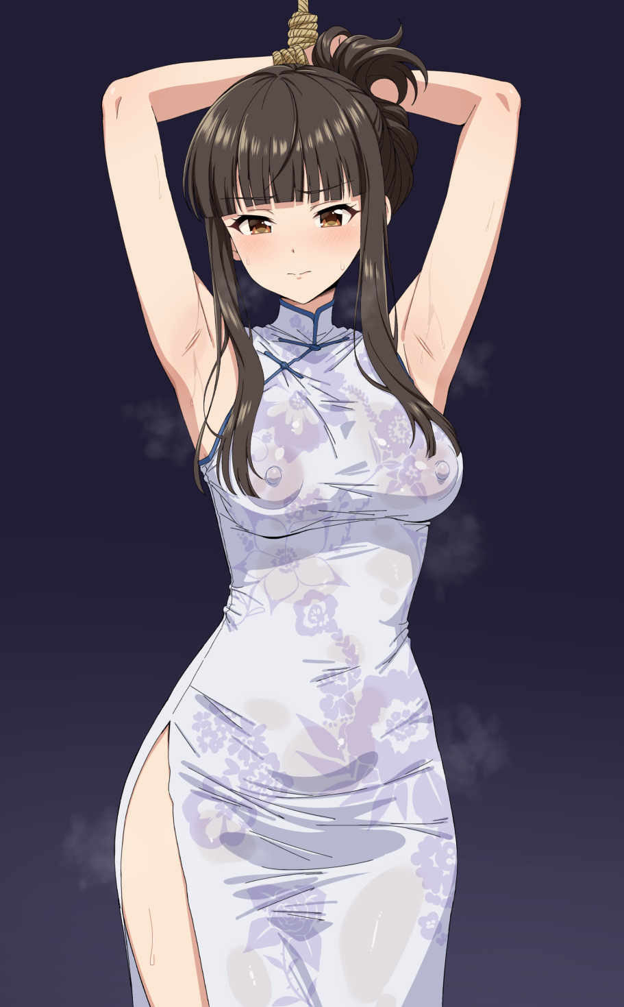 fuooooo, kurokawa chiaki, idolmaster, idolmaster cinderella girls, commentary, commission, highres, pixiv commission, 1girl, armpit focus, armpits, arms up, bdsm, blunt bangs, bondage, bound, breasts, brown eyes, brown hair, china dress, chinese clothes, closed mouth, covered erect nipples, covered navel, dress, long hair, looking at viewer, medium breasts, presenting armpit, restrained, rope, sleeveless, sleeveless dress, solo, steaming body, sweat, tearing up, thighs, very sweaty, white dress